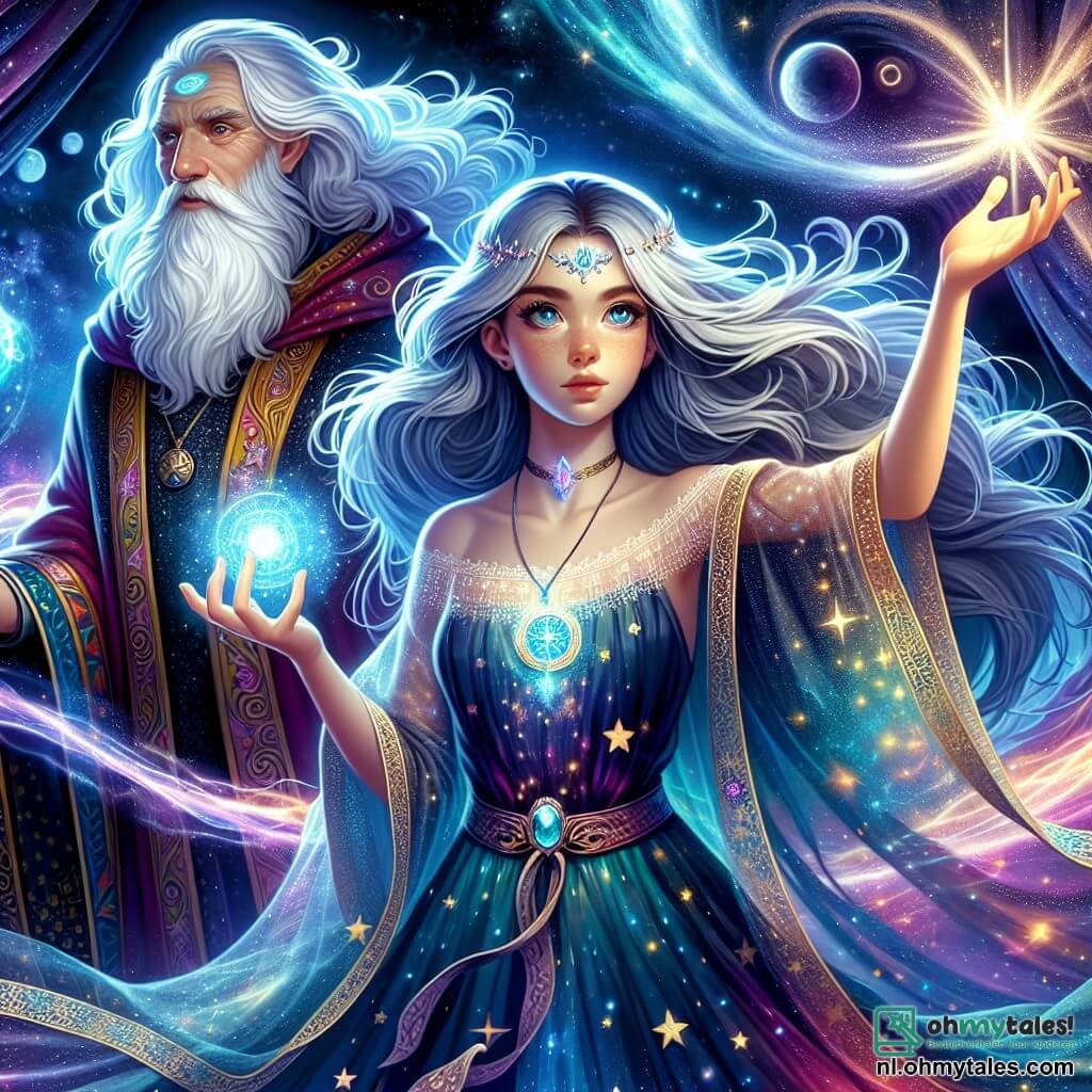Elara, een jonge vrouw met lang zilverachtig haar, staat in het midden van een oude lichtstorm, haar gezicht straalt vastberadenheid en verwondering uit. Ze draagt een prachtige, zwevende jurk versierd met sterpatronen, en een glinsterend amulet hangt om haar nek en straalt een zachte gloed uit. Naast haar staat de grote schaduw van een oude tovenaar, haar grootvader, met een lange witte baard en ogen die vonkelen van wijsheid, die haar trots gadeslaat. Hij is gekleed in een rijkelijk versierde jurk met kosmische patronen, terwijl hij een kristallen staf vasthoudt die schittert in het omgevingslicht. De achtergrond is een uitgestrekte kosmische storm, met draaiende sterren en felle kleurenflitsen die de donkere lucht verlichten. Mysterieuse schaduwen dansen om hen heen, wat een zowel magische als dreigende sfeer creëert. De belangrijkste situatie toont Elara geconcentreerd, haar handen opheffend om krachtige lichtenergie te kanaliseren naar een donkere ster die boven haar zweeft, terwijl golven van licht en schaduw om haar heen strijden, wat de strijd tussen licht en duisternis illustreert.