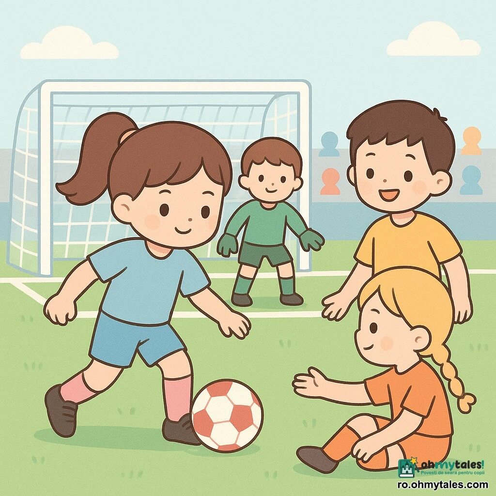 O tânără jucătoare de fotbal, zâmbitoare dar concentrată, cu părul castaniu prins în coadă, piele deschisă, echipament bleu și apărători roz, oprește o minge roșie-albă aproape de linia porții; la câțiva pași în dreapta ei, colegul Matei, aproximativ 12 ani, cu păr negru scurt și tricou galben, zâmbește, în spate portar de 12 ani cu păr brun și mănuși verzi pregătit să sară, iar o adversară de 12 ani, blondă cu coadă împletită și echipament portocaliu, stă jos după o căzătură și întinde mâna recunoscătoare; teren mic cu iarbă verde, linii albe, bare și plasă albă, tribună stilizată în fundal; scenă de interceptare, atitudine calmă și fair-play, lumină blândă de sfârșit de după-amiază; stil grafic cu contururi rotunjite, culori pastelate saturate, texturi plate și umbre minimale, compoziție clară pentru copii.