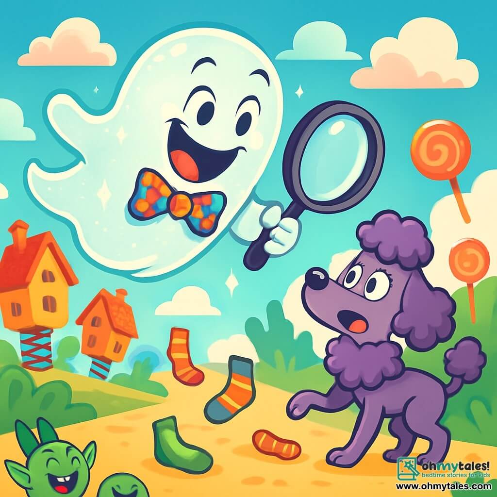 A cheerful ghost named Giggly floats in the air, with a big beaming smile and sparkling mischievous eyes. He wears a colorful polka-dotted bow tie and has a translucent figure that shimmers in the sunlight. Giggly is laughing while holding a giant magnifying glass, searching for clues about the mystery of the missing socks. Next to him, Miss Pompom, a purple poodle with large silky curls, jumps on her hind legs, looking worried. She wears a single striped sock and looks at Giggly with wide eyes, hoping he will solve the problem. The scene takes place in the floating village of Spooksville, where colorful houses dance on springs, and candy-shaped clouds float in a bright blue sky. Lollipop-shaped trees add a touch of magic to the environment. Giggly and Miss Pompom are in the middle of an investigation, surrounded by scattered socks on the ground, while funny creatures like laughing goblins and dancing frogs watch them with curiosity, adding a joyful and playful atmosphere to the scene.