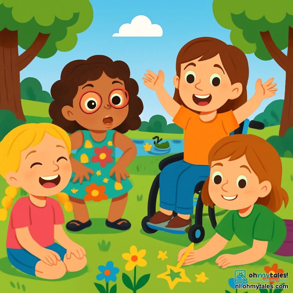 Er zijn 4 kinderen: Lotte, een 7-jarig meisje met blonde vlechten en sprankelende ogen, in een roze t-shirt en een spijkerbroek, zittend op het gras en lachend. Noor, een 6-jarig meisje met krullend bruin haar en ronde bril, in een kleurrijke bloemenjurk, staat en maakt een grappige grimasse als een kikker. Fien, een 7-jarig meisje met rood haar en sproeten, in een groen t-shirt en paarse broek, ligt op haar buik en tekent sterren in het gras. Saar, een 8-jarig meisje met kastanjebruin haar en een warme glimlach, zit in een rolstoel versierd met kleurrijke stickers, aanmoedigend met enthousiaste gebaren. De locatie is een zonnig park vol kleurrijke bloemen, majestueuze bomen en een stralende blauwe lucht, met op de achtergrond een klein vijver waar eenden vredig zwemmen. De situatie toont de vier vriendinnen die opgewonden praten over hun deelname aan de Grote Gekke Talentenwedstrijd, omringd door lachen en creativiteit, klaar om een geweldige en leuke act te verzinnen om de Gouden Pudding te winnen.