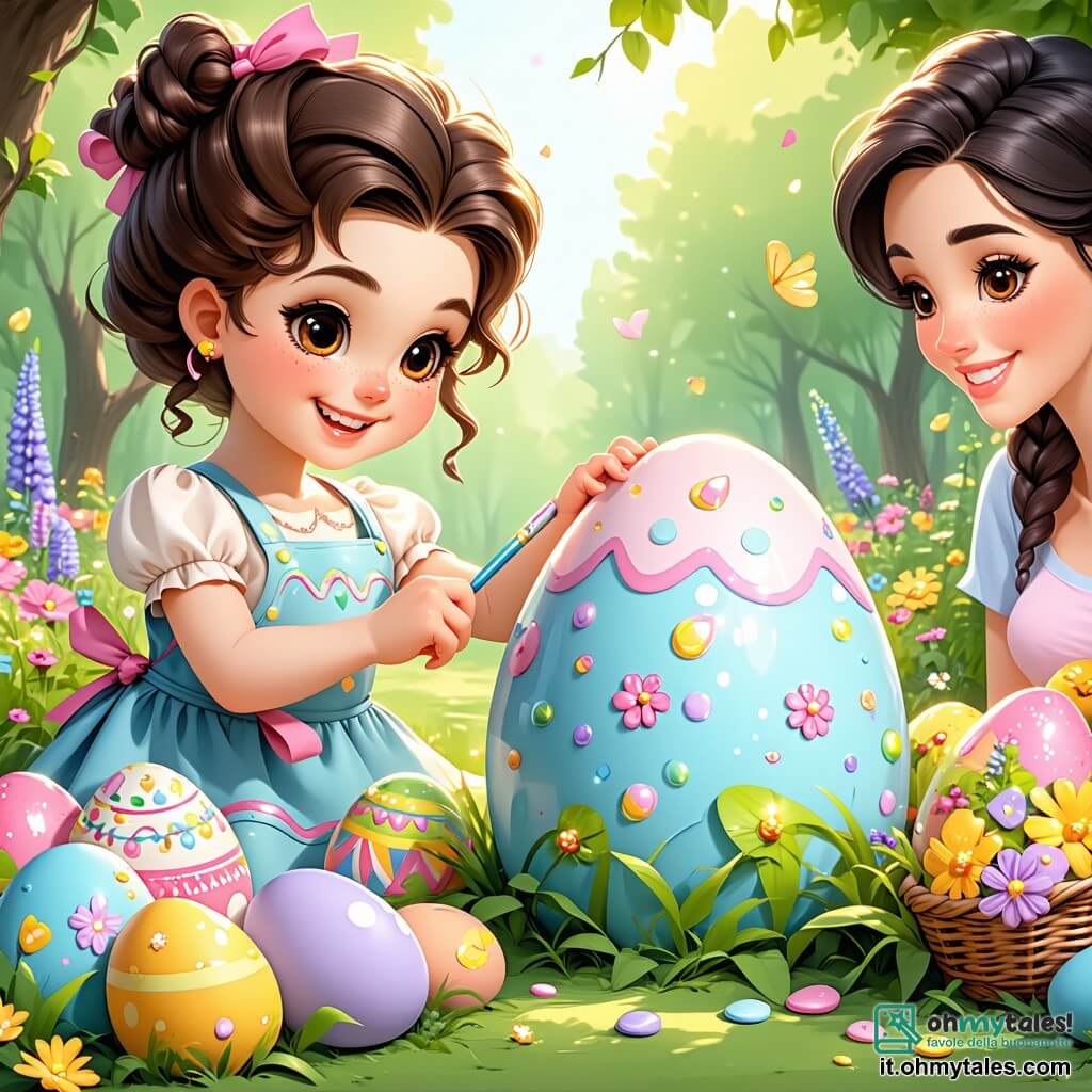 Una ragazza di 12 anni, Sofia, con i capelli castani ricci e gli occhi scintillanti di gioia, sta decorando un grande uovo di Pasqua colorato in un giardino fiorito. Indossa un vestito leggero a fiori e un grembiule colorato, e il suo viso emana entusiasmo mentre applica adesivi brillanti sull'uovo. Accanto a lei, sua madre, una donna di circa 35 anni con capelli lunghi e lisci, sorride mentre tiene in mano dei piccoli uccelli di carta colorata che ha realizzato. Il giardino è pieno di fiori vivaci, farfalle che svolazzano e un grande albero con foglie verdi, creando un'atmosfera gioiosa e primaverile. Sofia e sua madre stanno preparando la festa di Pasqua, circondate da decorazioni colorate, mentre un cesto di uova decorate aspetta di essere scoperto, aggiungendo un tocco di mistero a questa scena festosa.