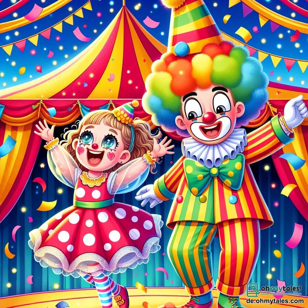 Ein 4-jähriges Mädchen mit großen, funkelnden Augen und lockigem Haar trägt ein buntes gepunktetes Kleid und einen Clownshut. Sie tanzt fröhlich mit einem breiten Lächeln im Gesicht, umgeben von bunten Konfetti, die vom Himmel fallen. Neben ihr steht ein fröhlicher Clown, etwa 30 Jahre alt, mit weißem Gesicht, einer großen roten Nase und bunten Haaren, der Grimassen schneidet und lachend applaudiert. Er trägt ein leuchtendes Kostüm mit Streifen- und Blumenmustern. Im Hintergrund steht ein großes Zirkuszelt in lebhaften Farben mit roten und gelben Streifen unter einem blauen Himmel. Funkelnde Lichter schmücken den Eingang, und staunende Zuschauer beobachten die Szene. Das Mädchen und der Clown führen gemeinsam eine Tanznummer auf und fesseln mit ihrer Energie und Begeisterung die Aufmerksamkeit der Menge.