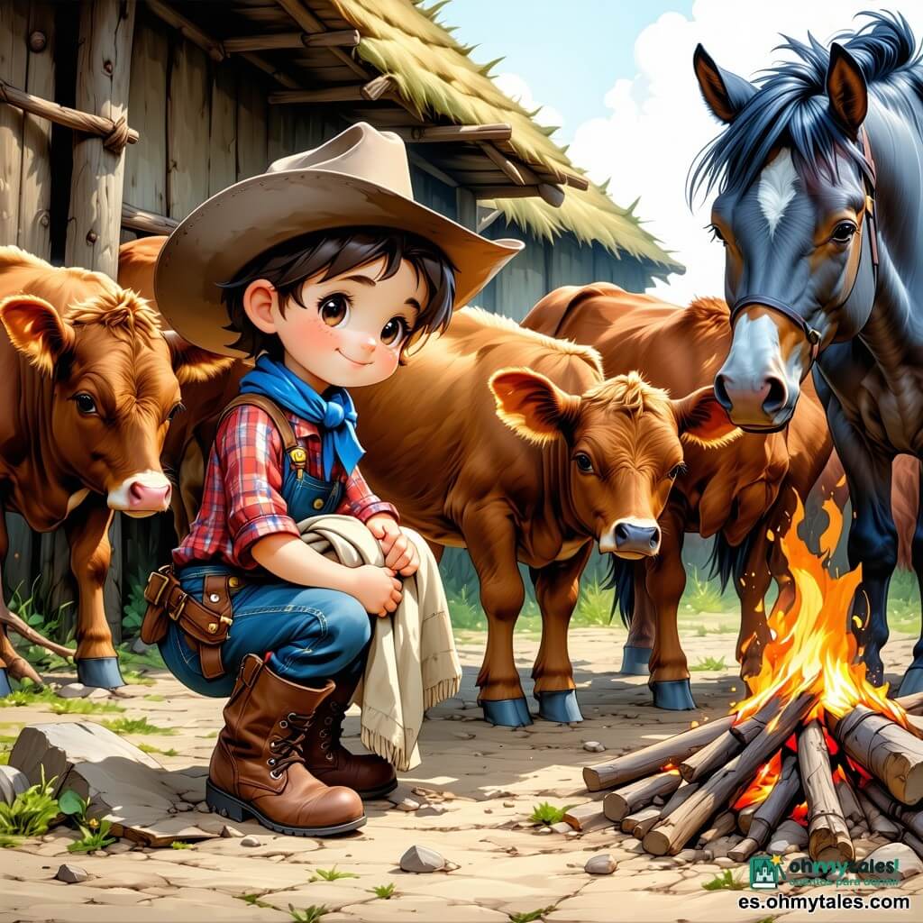 Una vaquera de rostro dulce y concentrado sonríe con calma y confianza, lleva sombrero ancho de cuero beige, camisa a cuadros roja y azul, pañuelo azul y botas de cuero polvorientas; está agachada junto a un pequeño fuego acariciando una ternera marrón. Un niño de unos 7 años, pelo castaño despeinado y ojos asombrados, sostiene una manta y ofrece un trozo de sal a las terneras, sentado junto a un burro gris llamado Pompón. Un caballo alazán llamado Canela, hocico claro y crin ondulada, está detrás de la mujer observando con paciencia. Tres pequeñas terneras marrones, pelaje húmedo, se acurrucan juntas cerca del fuego bajo la protección de una roca. El lugar es un refugio natural de rocas rojas con techo bajo, suelo embarrado con huellas, llovizna afuera y claros de cielo azul; la escena transmite un momento cálido y reconfortante tras la tormenta, con la intimidad del fuego contrastando con el gris de la lluvia.