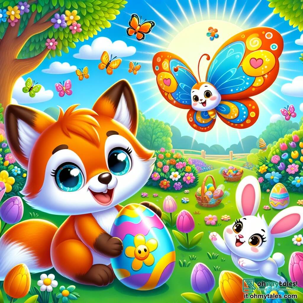 Un piccolo volpe di nome Lino, con un pelo arancione brillante e occhi scintillanti di curiosità, si trova al centro dell'immagine, sorridendo entusiasta mentre tiene un uovo di Pasqua lucente tra le zampe. Alla sua destra, una bella farfalla di nome Bella, con ali colorate di blu e giallo, vola felice, i suoi occhi brillano di gioia, mentre a sinistra, un coniglietto di nome Tommy, con pelo bianco e grandi orecchie, salta di felicità, con un sorriso sulle labbra. Lo sfondo è un giardino primaverile fiorito, pieno di tulipani colorati e cespugli verdi, con un grande albero fiorito sullo sfondo, sotto un cielo azzurro chiaro punteggiato di nuvole bianche. La scena mostra Lino, Bella e Tommy che celebrano la scoperta di un uovo di Pasqua speciale, circondati da decorazioni festive e dolci pasquali, creando un'atmosfera gioiosa e festosa.