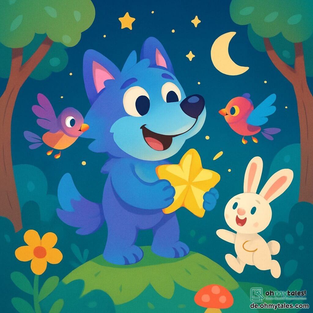 Ein Werwolf namens Lupo, mit weichem, schimmerndem Fell in Blau- und Violetttönen, steht auf einem grünen Gipfel, seine Augen leuchten vor Aufregung und ein breites Lächeln ziert sein Gesicht. Er blickt zum sternenübersäten Himmel und hält einen leuchtenden, sternförmigen Stein in seinen Vorderpfoten. Neben ihm fliegt ein kleiner, bunt gefiederter Vogel neugierig umher. Ein kleiner Hase mit großen Ohren, weißem Fell und funkelnden Augen hüpft fröhlich neben Lupo, bereit, ihre Entdeckung zu feiern. Die Szenerie ist eine wunderschöne, verzauberte Waldlandschaft mit verwundenen Baumstämmen und glitzernden Blättern im Sternenlicht. Leuchtende Blumen und bunte Pilze schmücken den Boden und verleihen der Umgebung einen magischen Touch. Die Hauptsituation zeigt Lupo, den Werwolf, der den wertvollen Stern entdeckt, umgeben von seinen Freunden in einem Moment der Freude und des Staunens, während sie gemeinsam unter dem Sternenhimmel ihr Abenteuer feiern.