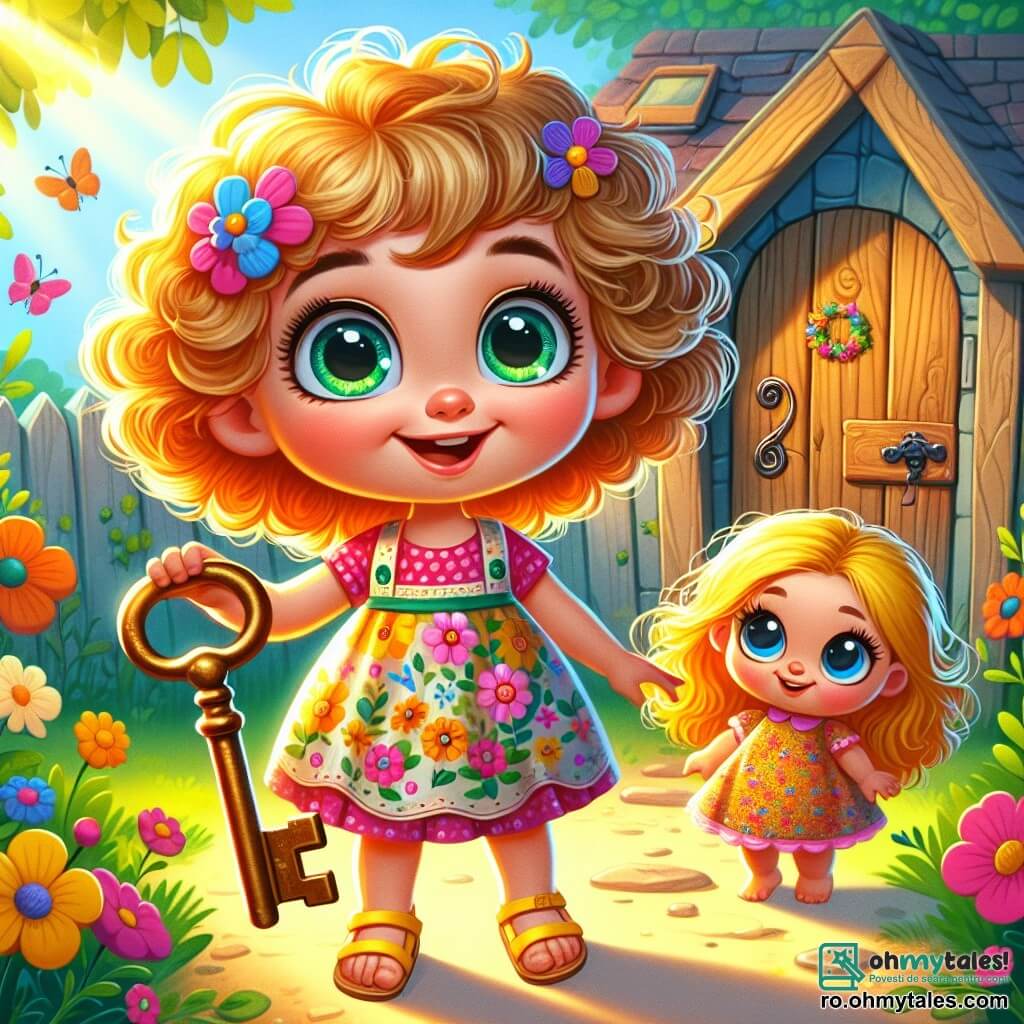 O fetiță de 4 ani, cu ochi mari și strălucitori și păr creț, zâmbește cu uimire ținând o cheie ruginită în mână. Ea poartă o rochie colorată cu flori și sandale galbene. Lângă ea, păpușa Zâna, cu păr auriu și o rochie strălucitoare, pare să o încurajeze cu un zâmbet prietenos. Mediul lor este o curte însorită, plină de flori colorate, fluturi care zboară și o casă veche din lemn, cu feronerie prăfuită și o ușă din lemn sculptat, întredeschisă. Fetița stă în fața ușii casei, pregătită să o deschidă cu cheia, fața ei iluminată de curiozitate și entuziasm, în timp ce razele soarelui pătrund printre copaci, creând o atmosferă magică și plină de promisiuni de aventură.