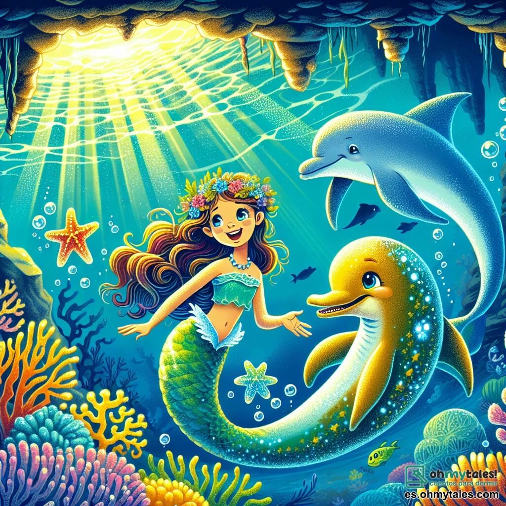 Una sirena llamada Marina, con una hermosa cola de escamas plateadas brillando bajo los rayos del sol, nada alegremente en una cueva submarina. Sus ojos, de un profundo azul océano, brillan de asombro y curiosidad mientras toca delicadamente una estrella de mar mágica, radiante de colores vivos. A su lado, un delfín dorado llamado Sol, con una sonrisa amigable y destellos de luz en sus ojos, la anima con entusiasmo, nadando con gracia a su alrededor. La escena transcurre en una cueva mágica, donde la luz del sol penetra a través del agua, creando reflejos brillantes en las paredes rocosas e iluminando corales coloridos que bailan al ritmo de las olas. Marina y Sol están descubriendo la misteriosa estrella de mar mágica, símbolo de felicidad y aventura, en el corazón de un mundo submarino encantador.