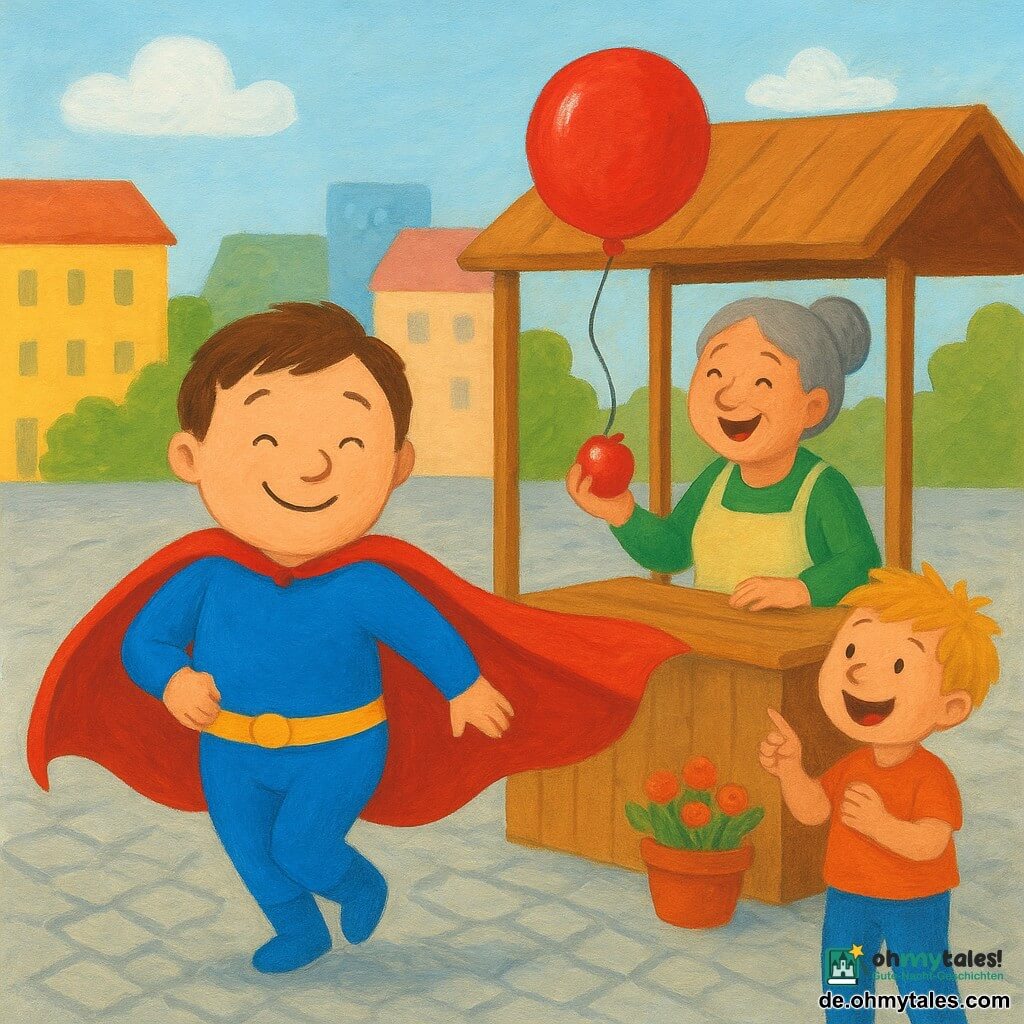 Ein fröhlicher, leicht verlegener Superheld namens Max mit rundem Gesicht, kurzen braunen Haaren und blauem Kostüm steht auf einem sonnigen Marktplatz mit grauem Kopfsteinpflaster und bunten Häusern; seine rote Kapuze hängt am Haken eines hölzernen Kiosks fest, während ein riesiger roter Ballon vom Dach herabsinkt; hinter dem Kiosk steht eine etwa 50-jährige Verkäuferin mit grauem Dutt und erleichtertem Lächeln, die eine glänzende Apfel in der rechten Hand hält, neben ihr ein etwa 6-jähriger blonder Junge, der staunend applaudierend auf das Geschehen zeigt; Szene in sanften Farben mit dicken Gouache-Texturen, warm und kindlich, komödiantischer Moment.