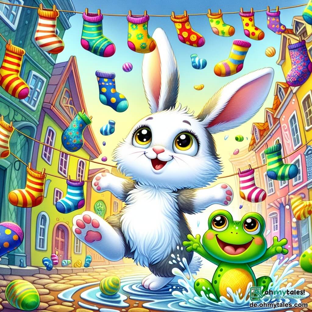 Ein kleiner Hase mit großen Ohren, weißem, weichem Fell und neugierigen, funkelnden Augen tanzt fröhlich in einer bunten Szene mit einem strahlenden Lächeln im Gesicht. Neben ihm springt ein quirlige kleine grüne Frosch mit gelben Flecken und einem breiten Lächeln fröhlich umher, während er mit seinen Hinterbeinen in die Luft springt und Wasser um sich spritzt. Die Szene spielt in einer verzauberten Stadt namens Sockenstadt, wo bunte Socken in der Luft schweben, tanzen und um die beiden Freunde wirbeln, was eine festliche und fröhliche Atmosphäre schafft. Die Gebäude bestehen aus Stoffen mit verschiedenen Mustern, und Girlanden aus Socken schmücken die Straßen. Der Hase und der Frosch nehmen an einer magischen Parade teil, umgeben von tanzenden Socken, lachen und haben Spaß zusammen, während eine große gestreifte Socke sie einlädt, an dem Tanz teilzunehmen.