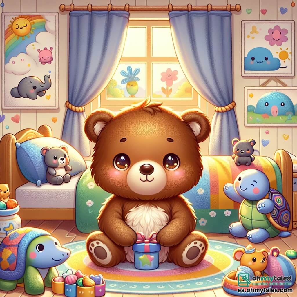 Un pequeño oso marrón, con ojos brillantes y pelaje suave, se encuentra en el centro de una habitación acogedora, con una ligera sonrisa en su rostro, mostrando curiosidad y esperanza. Está sentado en una cama cubierta con una manta colorida, rodeado de peluches amigables. A su derecha, un pequeño ratón gris, con grandes orejas y una expresión alegre, sostiene una caja de dulces y le guiña un ojo, lleno de entusiasmo. A su izquierda, una tortuga sabia, con un caparazón adornado con patrones coloridos, sonríe suavemente mientras lee un libro de cuentos, aportando una atmósfera de confort. La escena tiene lugar en una habitación del Bosque Hospitalario, decorada con dibujos de animales y nubes, con ventanas que dejan entrar la luz dorada del sol, creando un ambiente cálido y acogedor. En esta ilustración, el pequeño oso y sus amigos celebran un momento de alegría y camaradería, compartiendo historias y dulces, mostrando que incluso en los momentos difíciles, la amistad y el apoyo pueden traer felicidad.