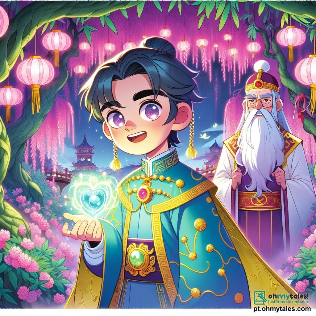 Um jovem chamado Liang, com cerca de 15 anos, está no centro do jardim imperial, com um olhar determinado e olhos brilhantes de excitação. Ele veste um manto azul adornado com padrões dourados, e uma pedra luminosa pendurada no pescoço emite um suave brilho. Perto dele, um velho servo de cerca de 60 anos, com uma longa barba branca e um turbante vermelho, observa Liang com preocupação, segurando um pergaminho em suas mãos trêmulas. O jardim é um lugar encantador, repleto de flores de cerejeira rosa, grandes árvores de folhas verdes vibrantes e lanternas de papel flutuando no ar, criando uma atmosfera mágica. Liang está pronto para defender o Pote Celestial, enquanto uma espessa névoa roxa envolve o jardim, sinalizando a iminente chegada do temido mestre Yu, um feiticeiro maligno.