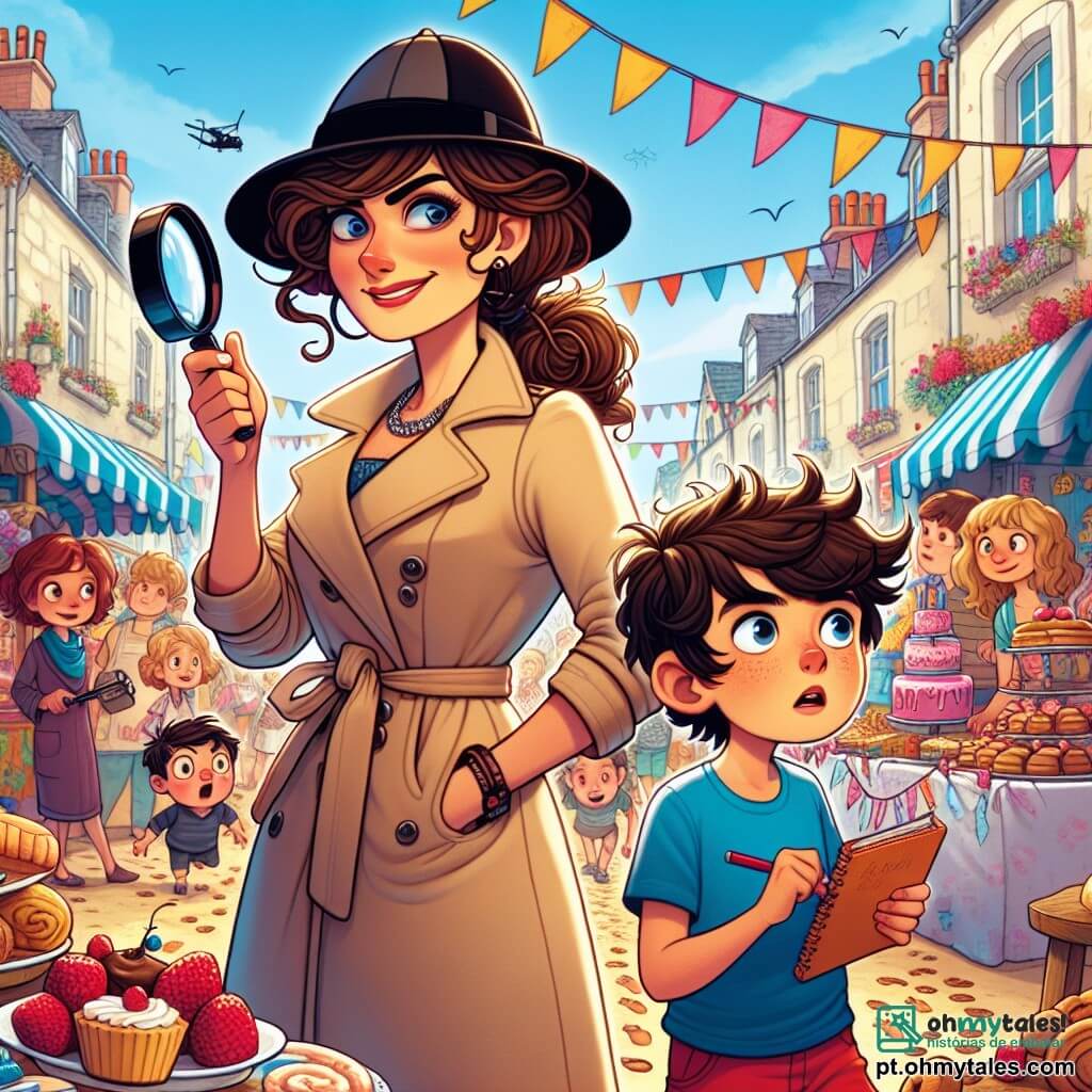 Uma detetive chamada Catarina está no centro da cena, com um sorriso confiante e olhos brilhantes de curiosidade. Ela veste um trench coat bege, um chapéu de detetive preto e segura uma lupa na mão direita, examinando atentamente uma pequena impressão no chão. Ao seu lado, Tomás, um garoto de 9 anos com cabelos castanhos bagunçados, observa maravilhado, segurando um caderno cheio de anotações coloridas. Ele usa uma camiseta azul e um short vermelho, inclinando-se levemente para frente, intrigado com a descoberta. O cenário é de uma festa de vila animada, com bandeirinhas coloridas flutuando no ar, barracas de comida cheias de guloseimas e crianças brincando ao redor. Ao fundo, uma grande mesa está coberta de bolos e cupcakes, enquanto um grupo de crianças sorridentes se aproxima, curiosas sobre o que está acontecendo. A situação principal mostra Catarina e Tomás investigando um mistério de bolo desaparecido, cercados por uma atmosfera festiva e alegre, com cores vivas e detalhes divertidos que capturam o espírito de uma festa de verão.