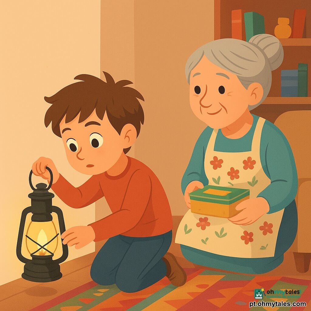 Um menino de 8 anos, chamado Tomás, com cabelos castanhos despenteados e olhos curiosos, está ajoelhado perto de uma pequena fenda na parede, segurando uma lanterna que ilumina seu rosto concentrado e determinado. Ao seu lado, uma mulher de cerca de 60 anos, a vizinha chamada Dona Rosa, com cabelos grisalhos em coque e usando um avental florido, observa com um sorriso benevolente, segurando uma pequena caixa de biscoitos. Eles estão em uma sala de estar acolhedora, com um tapete colorido no chão e uma estante cheia de livros e bugigangas atrás deles. A situação principal mostra Tomás e Dona Rosa resolvendo o mistério do "tec-tec" na parede, criando uma atmosfera de suspense e descoberta amigável.