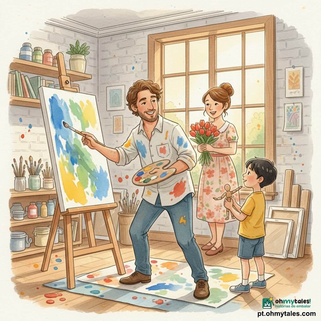 Um homem adulto sorridente e concentrado, cabelos castanhos levemente ondulados, barba curta, camisa de mangas remangadas manchada de tinta, segura um grande pincel na mão direita e mistura cores vivas numa paleta na mão esquerda, inclinado sobre uma grande tela branca num cavalete; um menino de cerca de 8 anos, cabelos curtos e pretos, com camiseta amarela, observa maravilhado pela direita segurando uma pequena figura de madeira junto a uma janela que banha a sala com luz dourada; ao fundo, por uma janela, uma mulher de cerca de 40 anos vendedora de flores, cabelo preso em coque, vestido florido, segura um buquê de tulipas vermelhas e sorri para o ateliê; o ateliê é alto e luminoso com paredes de tijolo claro, grandes janelas de pequenas divisões, prateleiras de madeira com potes de tinta, frascos de pincéis e telas empilhadas e um tapete colorido; a tela mostra largas pinceladas de azul, amarelo e verde, pequenas respingos controladas de tinta ao redor do cavalete e gotas no chão de madeira, atmosfera acolhedora e criativa.