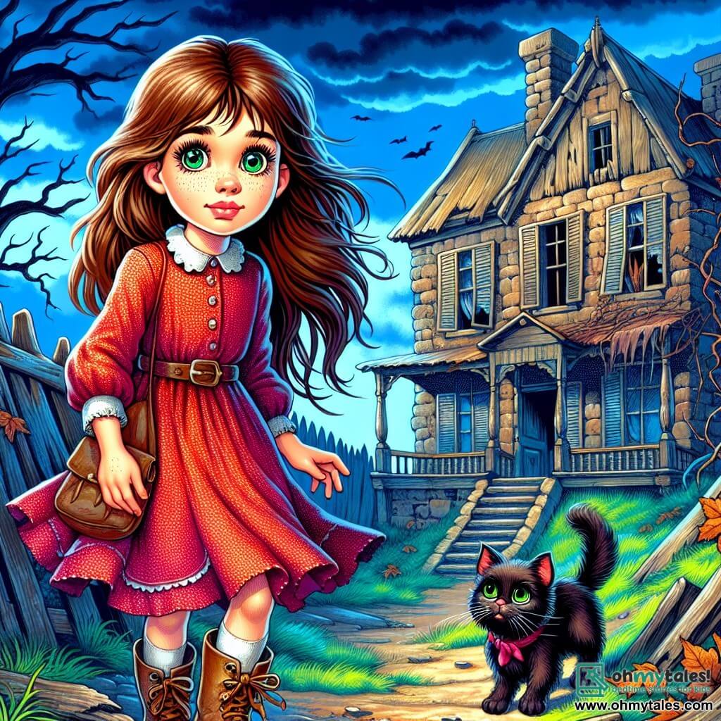 A 10-year-old girl named Lily stands in front of an old abandoned house, her eyes shining with excitement and curiosity. She has long brown hair, a red dress with white polka dots, and worn leather boots. Her cheeks are slightly flushed from the adrenaline of adventure. Next to her, a black cat with sparkling green eyes named Shadow rubs against her leg, appearing both fearful and curious. The house, perched on a hill, is large and frightening, with broken windows and creaking shutters. Vines climb the stone walls, and shadows dance on the ground, creating a mysterious atmosphere. The sky is a deep blue, dotted with dark clouds, adding a touch of unease to the scene. With a mix of apprehension and determination, Lily prepares to open the creaky wooden door of the house. The air is thick with mystery, and dead leaves swirl around her, enhancing the sense of adventure and thrill.