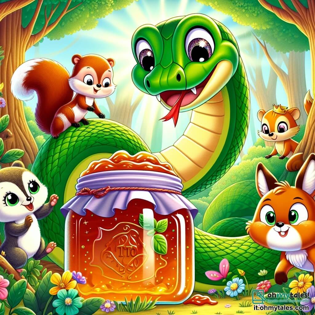 Un serpente di nome Tito, con una pelle verde brillante e occhi pieni di curiosità, è avvolto attorno a un grosso barattolo di marmellata, mostrando un'espressione di determinazione ed eccitazione. Accanto a lui, Friz, un piccolo scoiattolo dalle guance rotonde e pelo marrone, salta di gioia, mentre Lella, una volpe rossa con una coda folta, guarda con un sorriso malizioso. Gigi, il coniglio dalle grandi orecchie bianche, si trova vicino al barattolo, pronto ad aiutare con una zampa alzata. La scena si svolge in una foresta incantata, circondata da alberi maestosi e foglie verdi vibranti, con fiori colorati sparsi sul terreno. Un dolce raggio di sole filtra tra i rami, illuminando il barattolo di marmellata che emana un profumo dolce. Tito e i suoi amici cercano di aprire il barattolo, ma esso scivola e rotola, portando gli animali a inseguirlo in una corsa sfrenata, piena di risate ed eccitazione.