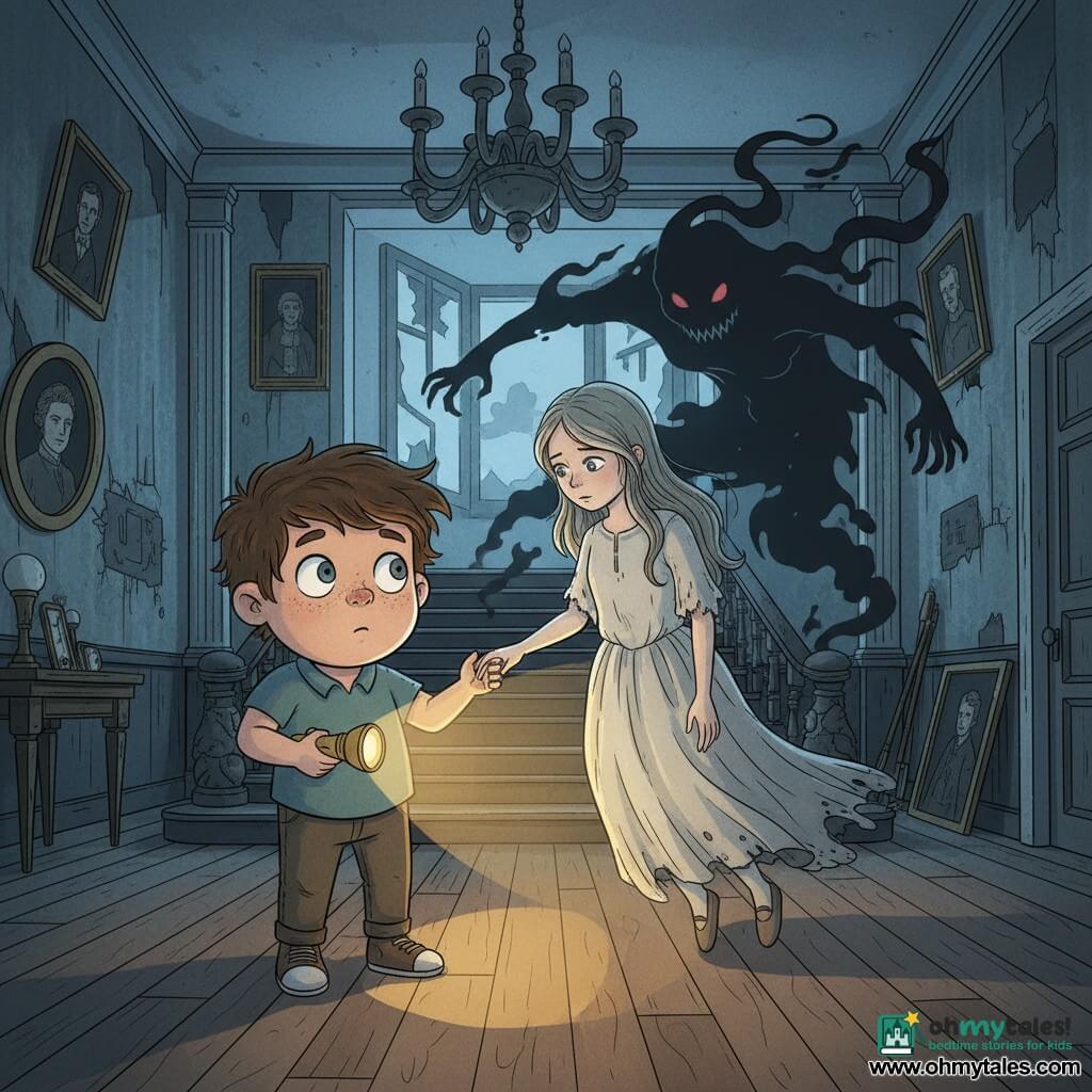 An 8-year-old boy with a round, freckled face, messy brown hair and wide bright eyes holds a small yellow flashlight that illuminates his face as he steps cautiously; a ghostly 10-year-old girl in a worn floating white dress with long slightly translucent hair and a melancholic but gentle gaze levitates at his height, reaching out to him; a dark, menacing shadow-spirit with pale red eyes and smoky edges looms behind a grand staircase, seeming to push shadows forward; setting: a large old manor parlor with creaking wooden floors, a dusty chandelier, torn wallpaper, tilted gilded portraits and broken windows letting in bluish moonlight and dust; scene: a soft but dramatic confrontation—the boy's warm flashlight pierces the cold blue shadows, the ghost reaches for help and the shadow recedes.