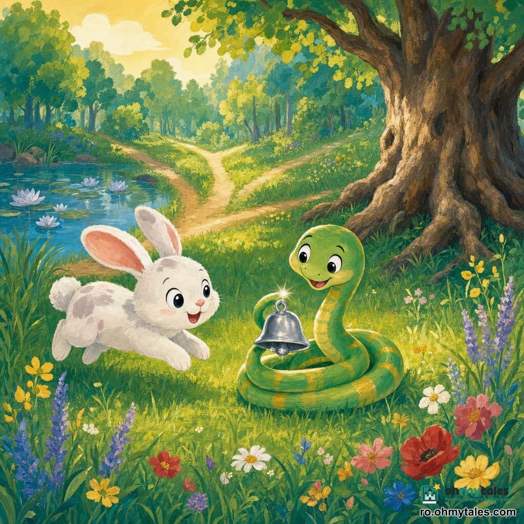Un șarpe pe nume Sisi, mic și lucios, verde pal cu dungi galbene, privește curios și învârte coada în jurul unui clopoțel argintiu; un iepuraș pufos, Pufi, alb cu pete gri-roz, sare lângă el cu ochii entuziaști; în planul secund se vede un copac bătrân cu rădăcini groase în dreapta și un lac cu nuferi argintii în stânga, separate de trei poteci de pământ care se pierd în pădure; poienița, luminată blând, e plină de iarbă înaltă, flori sălbatice colorate și frunze cu textură de gouache; situație: Sisi sună clopoțelul în centrul poieniței, Pufi așteaptă iar cele trei poteci invită la alegerea unui drum pentru o faptă bună.