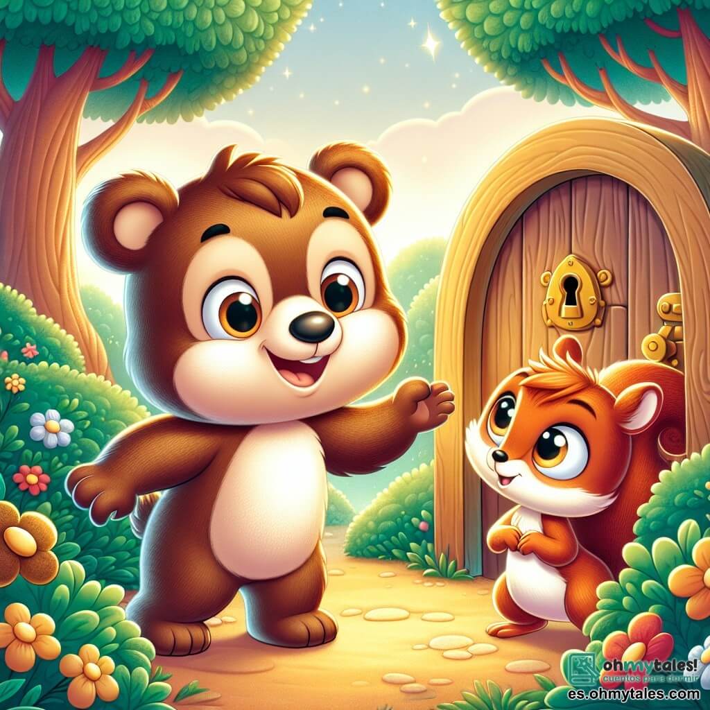 Un pequeño oso marrón llamado Bruno, con grandes ojos redondos y una sonrisa brillante, se encuentra frente a una puerta secreta en un arbusto, luciendo curioso y emocionado. Toca delicadamente la puerta con su pata, listo para descubrir lo que hay detrás. A su lado, una pequeña ardilla llamada Ana, con pelaje rojo y una cola esponjosa, mira la puerta con ojos chispeantes de entusiasmo, saltando en su lugar con impaciencia. El lugar es un parque verde, bañado en luz dorada, con majestuosos árboles y flores coloridas que bailan al viento. Al fondo, un cielo azul claro salpicado de nubes blancas esponjosas añade un toque de magia a la escena. La situación principal muestra a Bruno y Ana, dos pequeños aventureros, listos para entrar en un túnel misterioso que se abre detrás de la puerta, rodeados de una atmósfera de emoción y descubrimiento, con estrellas centelleantes que comienzan a aparecer sobre ellos.