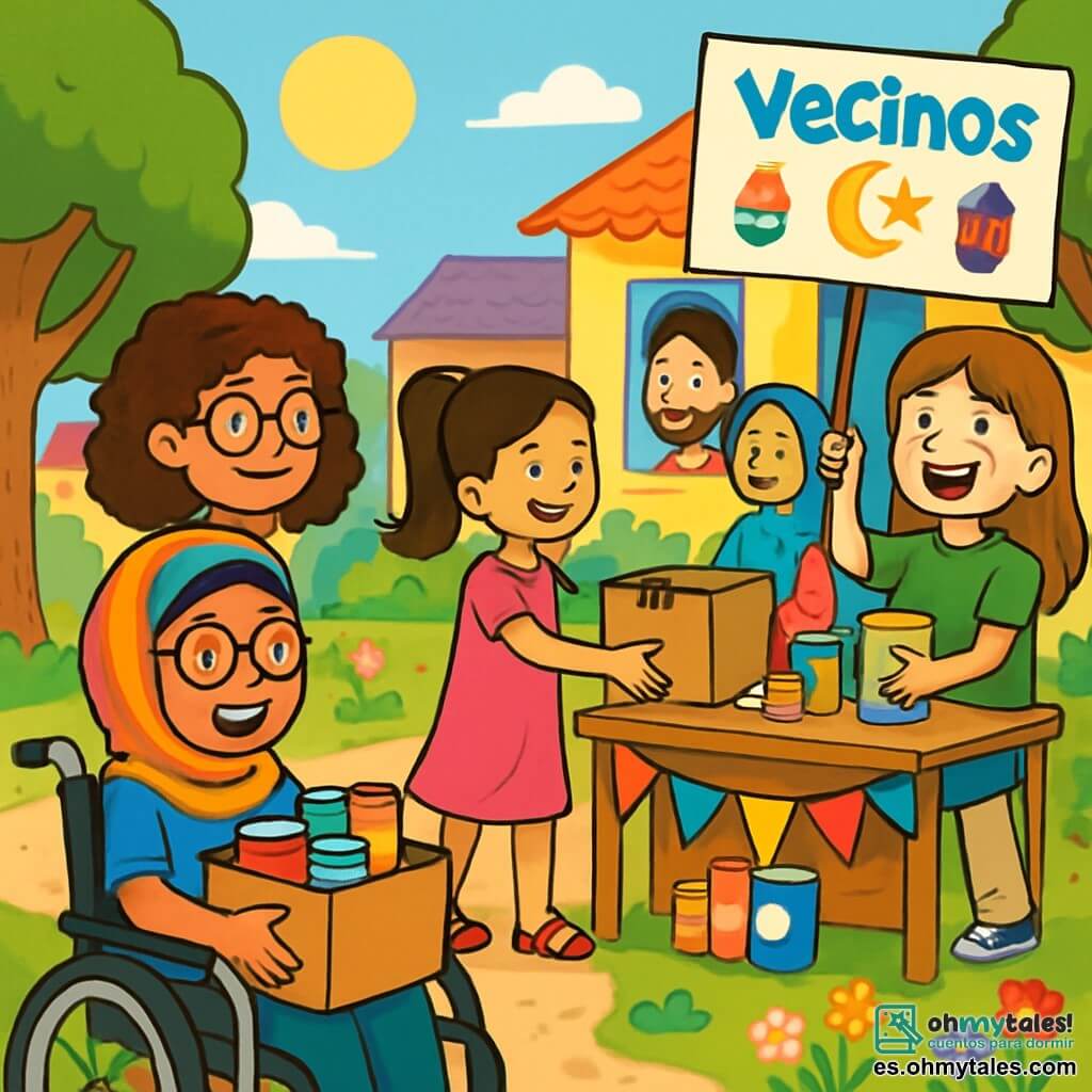 Hay 4 niños: - Sara: una niña de 11 años, con cabello rizado castaño y gafas redondas. Lleva una camiseta amarilla brillante y un short de mezclilla. Está de pie a la izquierda, sosteniendo una caja llena de alimentos. - Lucía: una niña de 10 años, con cabello largo y liso, atado en una coleta. Lleva un vestido rosa y sandalias. Está en el centro, sonriendo, extendiendo una caja a una familia. - Sofía: una niña de 11 años, con cabello castaño y pecas. Lleva una camiseta verde y pantalones beiges. Está a la derecha, riendo y sosteniendo un cartel colorido que invita a los vecinos a participar en la recolección. - Amal: una niña de 12 años, con cabello corto y gafas. Está en una silla de ruedas, vestida con una camiseta azul y una bufanda colorida. Está en primer plano, dirigiendo la organización de donaciones con una gran sonrisa. El lugar es un parque soleado, con árboles verdes y flores coloridas a lo largo del camino. Al fondo, se ven casas de fachadas alegres y vecinos curiosos que se acercan para ver qué sucede. Una gran mesa está instalada, cubierta de cajas de alimentos y decoraciones festivas. La situación principal muestra a los niños distribuyendo cajas de alimentos a familias sonrientes, creando una atmósfera de alegría y compartir. Los niños están rodeados de risas y colores, ilustrando un momento de solidaridad y felicidad durante el mes de Ramadán.