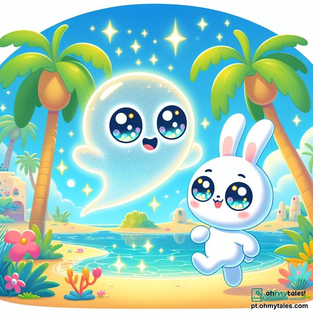 Um fantasma chamado Floco, com uma aparência translúcida e cintilante, flutua alegremente em uma oásis mágica, seus olhos brilhando de excitação e bondade. Ele tem uma forma suave e arredondada, com faíscas de luz dançando ao seu redor, enquanto dança entre as palmeiras, rindo de felicidade. Ao seu lado, um coelhinho branco chamado Pipo, com grandes olhos redondos e orelhas longas, salta com entusiasmo. Pipo tem um pelo macio e fofinho e admira Floco, pronto para acompanhá-lo em suas aventuras. O cenário é uma oásis no deserto, com palmeiras verdes, flores coloridas e água cristalina brilhando sob o sol. O céu é de um azul vibrante, salpicado de algumas nuvens brancas e fofas. A cena principal mostra Floco e Pipo descobrindo a beleza da oásis, Floco dançando alegremente e Pipo saltando ao seu redor, ambos cheios de uma alegria contagiante, prontos para viver uma nova aventura juntos.