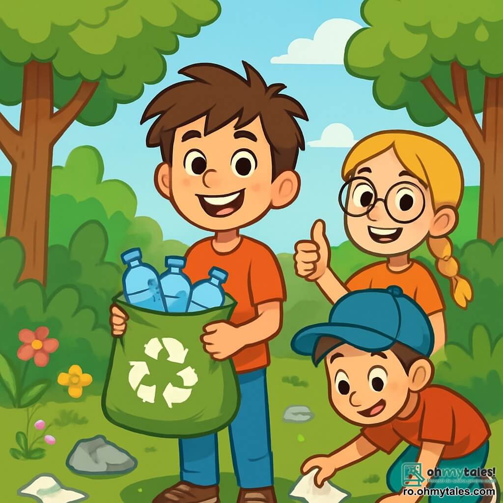 Un băiat de 12 ani, Alex, cu părul castaniu și ochii strălucind de curiozitate, se află în centrul imaginii, zâmbind larg și ținând un sac de reciclare plin cu sticle de plastic. Lângă el, Maria, o fată de 11 ani cu părul blond împletit și ochelari rotunzi, îl încurajează ridicând degetul mare, în timp ce Andrei, un băiat de 10 ani purtând o șapcă mare, adună cu entuziasm deșeuri. Decorul este o pădure verde frumoasă, cu copaci majestuoși, flori colorate pe sol și un cer albastru deschis cu nori albi pufoși. Scena arată grupul de tineri elevi acționând, curățând natura, înconjurați de deșeuri, dar și de frumusețea pădurii, ilustrând angajamentul lor de a proteja mediul.