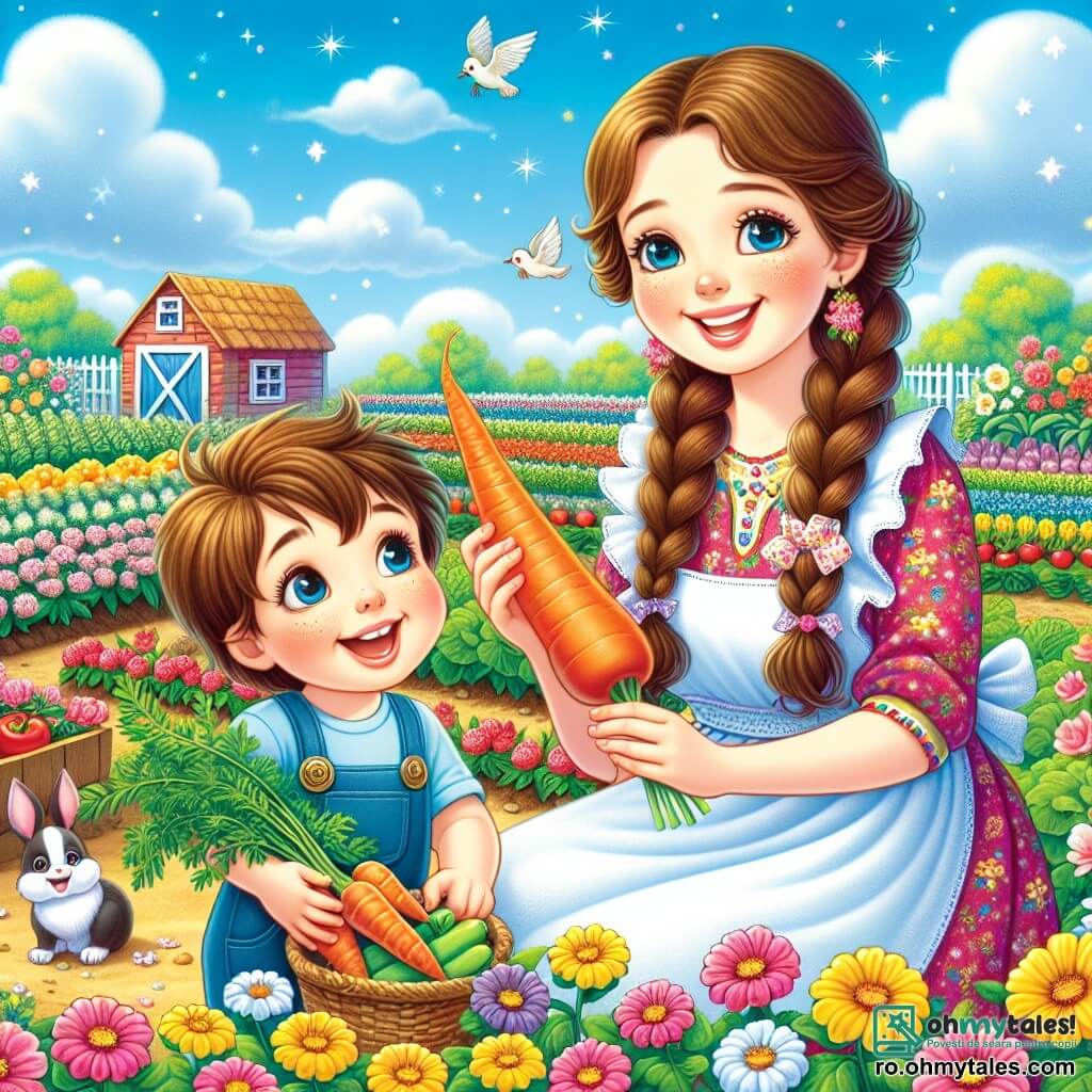 Scena o arată pe Zâna Maria, o femeie zâmbitoare de aproximativ treize ani, cu părul lung, împletit și o rochie colorată, purtând un sort cu flori. Ea culege legume din grădina ei, înconjurată de flori strălucitoare și legume proaspete, având o expresie de bucurie pe față. Lângă ea, Radu, un băiat de 8 ani cu părul castaniu și ochi strălucitori, o observă cu uimire. El poartă un tricou albastru și o pereche de pantaloni scurți, ținând în mâini un morcov mare, zâmbind mândru. Locul este o fermă înfloritoare, cu rânduri de legume bine întreținute, flori colorate dansând în vânt și un cer albastru presărat cu nori albi. În fundal, se vede o mică magazie roșie și animale fericite, precum găini și iepuri, care contribuie la atmosfera caldă. Situația principală arată cum Zâna Maria și Radu recoltează legume împreună, împărtășind un moment de complicitate și fericire, pregătiți să prepare o supă delicioasă.