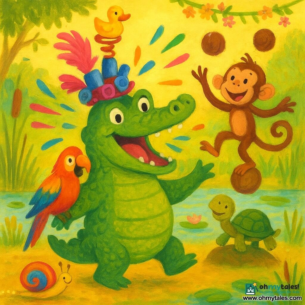 A jovial, plump crocodile with textured green scales and big laughing eyes wears a silly hat of pink feathers, blue bottle caps and a spring topped with a rubber duck; he sings with colorful sound waves bursting like droplets. A multicolored parrot, Penelope, perches on his back above the tail with wings spread, mimicking and smiling. A sly brown monkey, Marvin, juggles coconuts behind the crocodile while balancing on a small turtle, laughing at the audience. A tiny snail with a rainbow shell, Sally, spirals in the foreground leaving a sparkling trail and waving its horn. The sunny marsh setting has waving reeds, lily pads, mossy logs and shimmering water reflecting bright colors, with flower garlands on the branches. The main scene is a festive parade led by the crocodile, animals laughing and dancing around him in a bright, joyful, slightly burlesque gouache-like style with broad textured strokes.