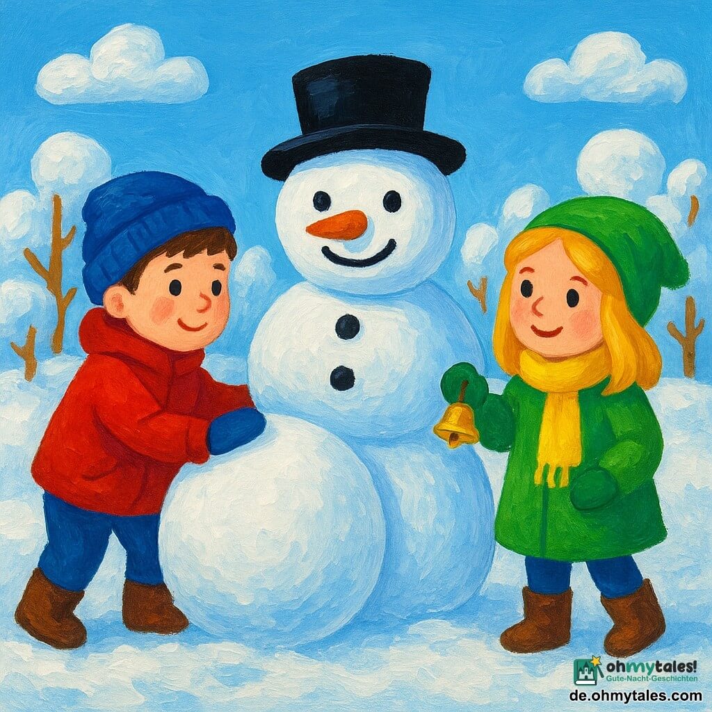 Max und Emma, beide etwa 6 Jahre alt, sind in einem verschneiten Garten. Max, mit braunen Haaren und roten Wangen, trägt eine rote Jacke und eine blaue Mütze, während er eine große Schneekugel rollt. Emma, mit blonden Haaren und funkelnden Augen, trägt einen grünen Mantel und einen gelben Schal und hält ein glänzendes Glöckchen in der Hand. Sie bauen gemeinsam einen fast fertigen Schneemann mit einem schwarzen Hut und einem Kohlenlächeln. Das Glöckchen in Emmas Hand glitzert sanft in der Sonne und verleiht der winterlichen Szene einen magischen Touch.