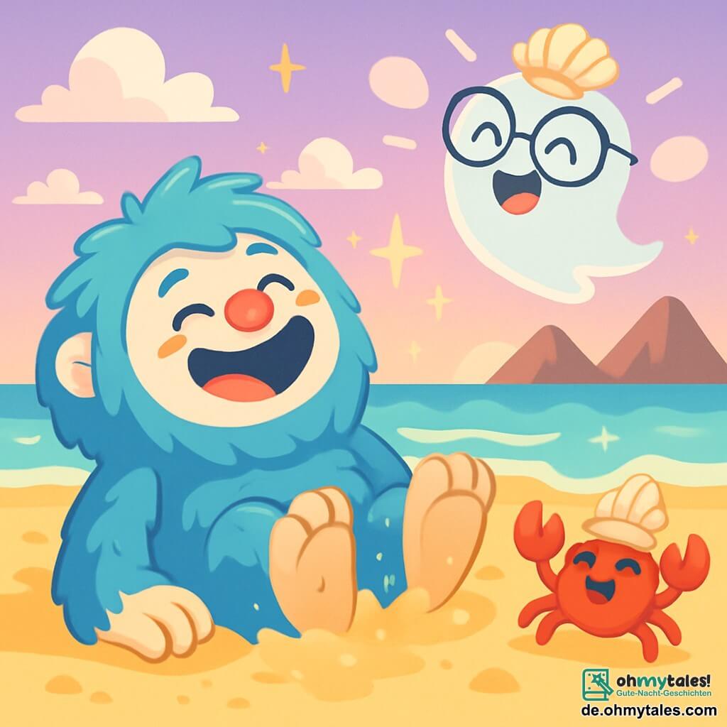 Ein großer Yeti mit blauen, flauschigen Haaren, einem runden Kopf und einer kleinen roten Nase lacht herzlich, seine Augen funkeln vor Freude. Er liegt auf dem goldenen Sand und rollt sich im kitzeligen Sand, der seine Pfoten zu kitzeln scheint. Neben ihm lächelt eine kleine Krabbe namens Kiki mit einem leuchtend roten Panzer und einem Muschel-Hut, bereit, einen Witz zu erzählen. Flatter, der freundliche Geist, schwebt über ihnen, transparent mit einer großen Brille und einem Muschel-Hut, und lacht herzhaft. Der Ort ist ein wunderschöner Strand mit lebhaften Farben, einem lilafarbenen Himmel, der mit Zuckerstangen-Wolken übersät ist, sanften türkisfarbenen Wellen, die den Strand lecken, und Schokoladenbergen am Horizont. Die Hauptsituation zeigt den Yeti, Kiki und Flatter, die fröhlich im Sand tanzen und zusammen lachen, während Lichtblitze um sie herum funkeln und eine festliche, glückliche Atmosphäre schaffen.