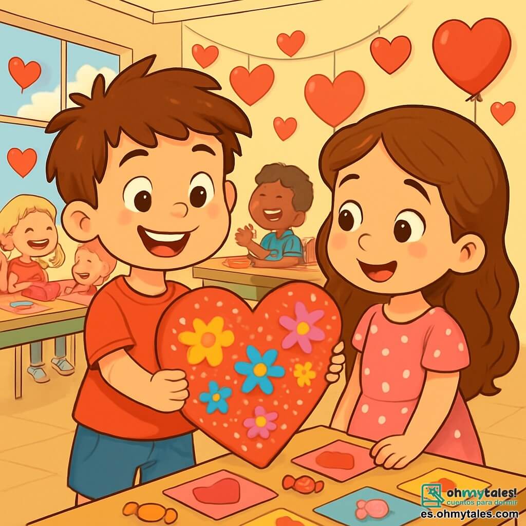 Un niño de 6 años, llamado Valentín, con cabello castaño desordenado y una gran sonrisa alegre, sostiene una enorme tarjeta en forma de corazón, decorada con flores coloridas y purpurina brillante. Lleva una camiseta roja brillante y un short azul, y sus ojos brillan de emoción. Junto a él, su mejor amiga Luna, una niña de 6 años con cabello largo y rizado de color castaño, mira la tarjeta con asombro. Ella lleva un vestido rosa con lunares blancos y sus mejillas están ligeramente sonrojadas de felicidad. La escena tiene lugar en un aula luminosa, llena de decoraciones de San Valentín: corazones de papel en las paredes, globos rojos flotantes y mesas cubiertas de tarjetas coloridas y dulces. Valentín y Luna están rodeados de otros niños que intercambian tarjetas y ríen alegremente, creando una atmósfera festiva y cálida. La situación principal muestra a Valentín ofreciendo orgullosamente su tarjeta gigante a Luna, simbolizando su hermosa amistad.