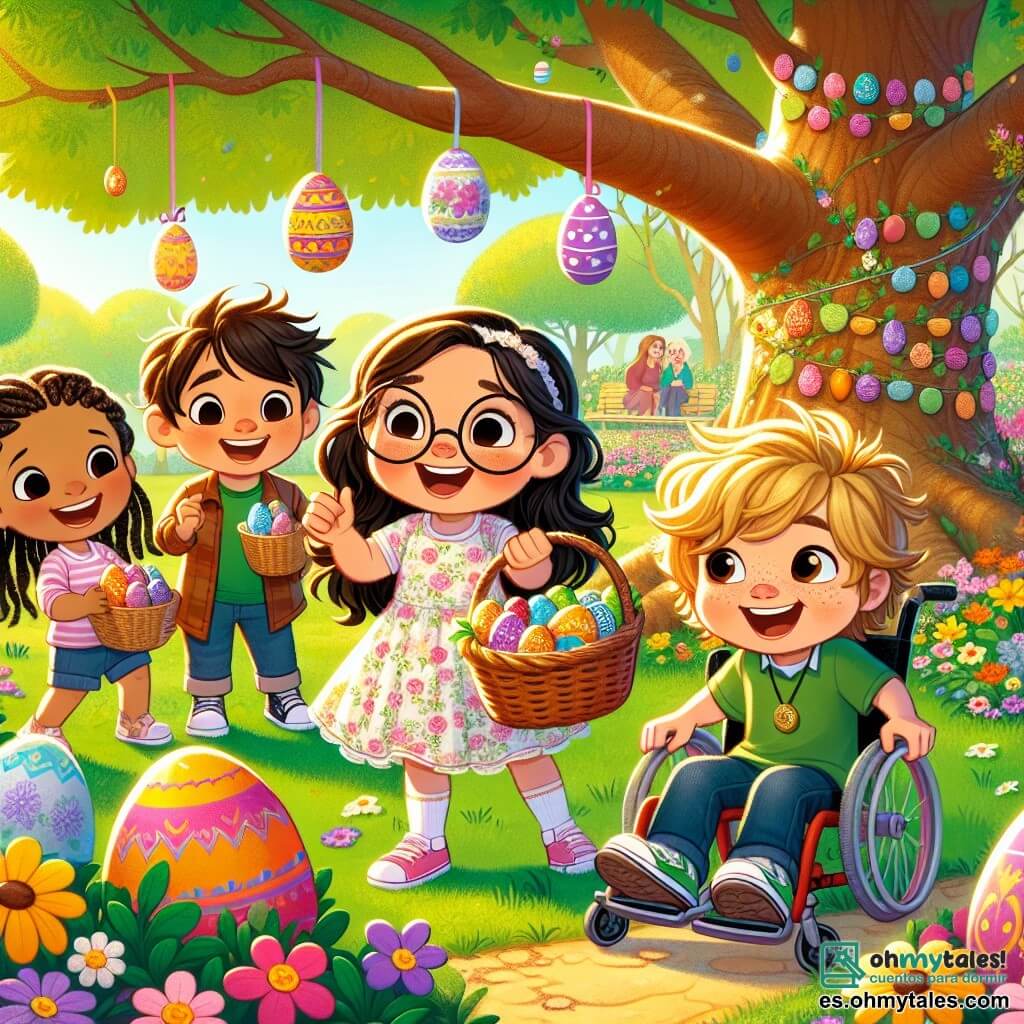 En un parque soleado de Villa Conejito, cuatro amigos están juntos, rodeados de flores coloridas y decoraciones de Pascua. Lucía, una niña de diez años con cabello largo y castaño y gafas redondas, sonríe alegremente sosteniendo una cesta llena de huevos de chocolate. Marcos, un niño de diez años con cabello rubio desordenado y una camiseta verde, señala emocionado un gran roble. Ana, una niña de nueve años con trenzas negras y un vestido rosa, mira maravillada un huevo decorado que acaba de encontrar debajo de un arbusto. Tomás, un niño de diez años en silla de ruedas, con cabello castaño y una sonrisa radiante, sostiene un pequeño amuleto en forma de huevo, mirando a sus amigos con orgullo. El parque está lleno de colores vivos: flores brillantes, huevos de Pascua escondidos en la hierba verde y guirnaldas de papel colgadas de las ramas de los árboles. En primer plano, los niños están buscando huevos, riendo y animándose, mientras un gran huevo dorado brilla misteriosamente debajo del viejo roble, llamando su atención.