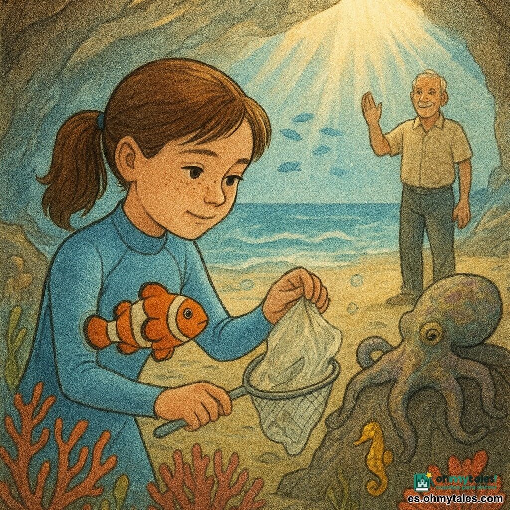 Niña de 10 años de rostro redondo y pecas, pelo castaño en coleta, expresión tierna y concentrada, con traje de buceo azul claro y una pequeña red retirando un plástico entre corales; al fondo en la playa, el abuelo Tomás, unos 65 años, pelo gris y piel bronceada, mira el mar con orgullo y la mano levantada sin estar en el agua; un pequeño pez payaso naranja y blanco nada a la altura de sus hombros como guía; un pulpo camaleónico se oculta en una roca con un tentáculo extendido observando; un caballito de mar dorado se agarra a un alga junto a un coral abanico rojo; lugar: cueva submarina luminosa con rayos dorados por una fisura, paredes lisas, arena fina, corales rojos y morados y bancos de peces azules; escena: rescate sereno y respetuoso, gestos delicados, finas burbujas hacia la superficie y ambiente protegido pese al mar agitado a lo lejos.