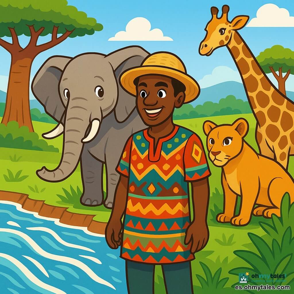 Un hombre africano llamado Kofi, de unos treinta años, está de pie con una mirada decidida y una sonrisa cálida. Lleva una túnica colorida adornada con motivos tradicionales y un sombrero de paja. Sus ojos brillan de emoción mientras se prepara para cruzar un amplio río tumultuoso. A su lado, un majestuoso elefante llamado Tembo, con piel gris y ojos suaves, se mantiene protector, listo para ayudarlo. Más lejos, una valiente leona llamada Simba, de pelaje dorado y ojos penetrantes, observa atentamente la escena, lista para intervenir si es necesario. Finalmente, una amigable jirafa llamada Zuri, con su largo cuello y manchas marrones, se inclina para ver el río, añadiendo un toque de curiosidad. El lugar es un paisaje africano vibrante, con imponentes árboles baobabs, un cielo azul brillante y un río amplio de aguas vivas, rodeado de vegetación exuberante. La situación principal muestra a Kofi y sus amigos animales unidos, enfrentando el desafío de cruzar el río, simbolizando el coraje y la amistad en la aventura.