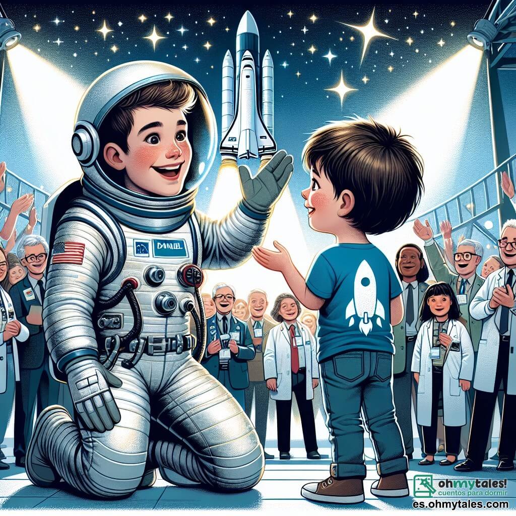 Un hombre astronauta, llamado Daniel, se encuentra en el centro de la imagen, vestido con un traje espacial blanco y plateado, con un casco brillante. Su rostro expresa gran alegría y asombro mientras mira a un niño de unos diez años, con cabello castaño despeinado y una camiseta azul con un cohete dibujado. El niño está de pie junto a Daniel, con las manos en las caderas, mostrando una sonrisa entusiasta y curiosa. La escena tiene lugar en la plataforma de aterrizaje de una agencia espacial, rodeada de científicos y periodistas. Al fondo, se ve un gran cielo azul, un cohete plateado listo para despegar y estrellas brillantes que comienzan a aparecer en el horizonte. Daniel comparte su experiencia espacial con el niño, contándole historias fascinantes sobre estrellas y planetas, mientras un grupo de personas los observa con admiración.