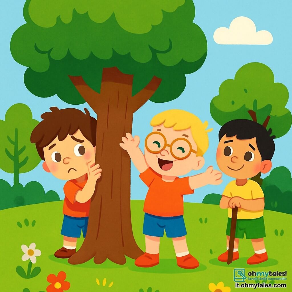 Ci sono 3 personaggi: Marco, un ragazzo di 6 anni con capelli castani disordinati e occhi vivaci, nascosto dietro un grande albero con un tronco spesso, il suo viso mostra una leggera preoccupazione; Luca, un ragazzo di 7 anni con capelli biondi e occhiali tondi, davanti all'albero, sorridente e con le braccia alzate, pronto a cercare Marco; Gianni, un ragazzo di 6 anni con capelli neri e un sorriso caloroso, leggermente in disparte, appoggiato a un bastone, guarda incoraggiante verso Marco. La scena si svolge in un parco soleggiato, con alberi verdi, fiori colorati e un prato ben curato, sotto un cielo blu chiaro con alcune nuvole bianche. Marco, un po' nervoso, è nascosto dietro l'albero, mentre Luca e Gianni si preparano a cercarlo, esprimendo gioia e amicizia, illustrando il tema di superare la paura grazie all'amicizia in un'atmosfera giocosa e calorosa.