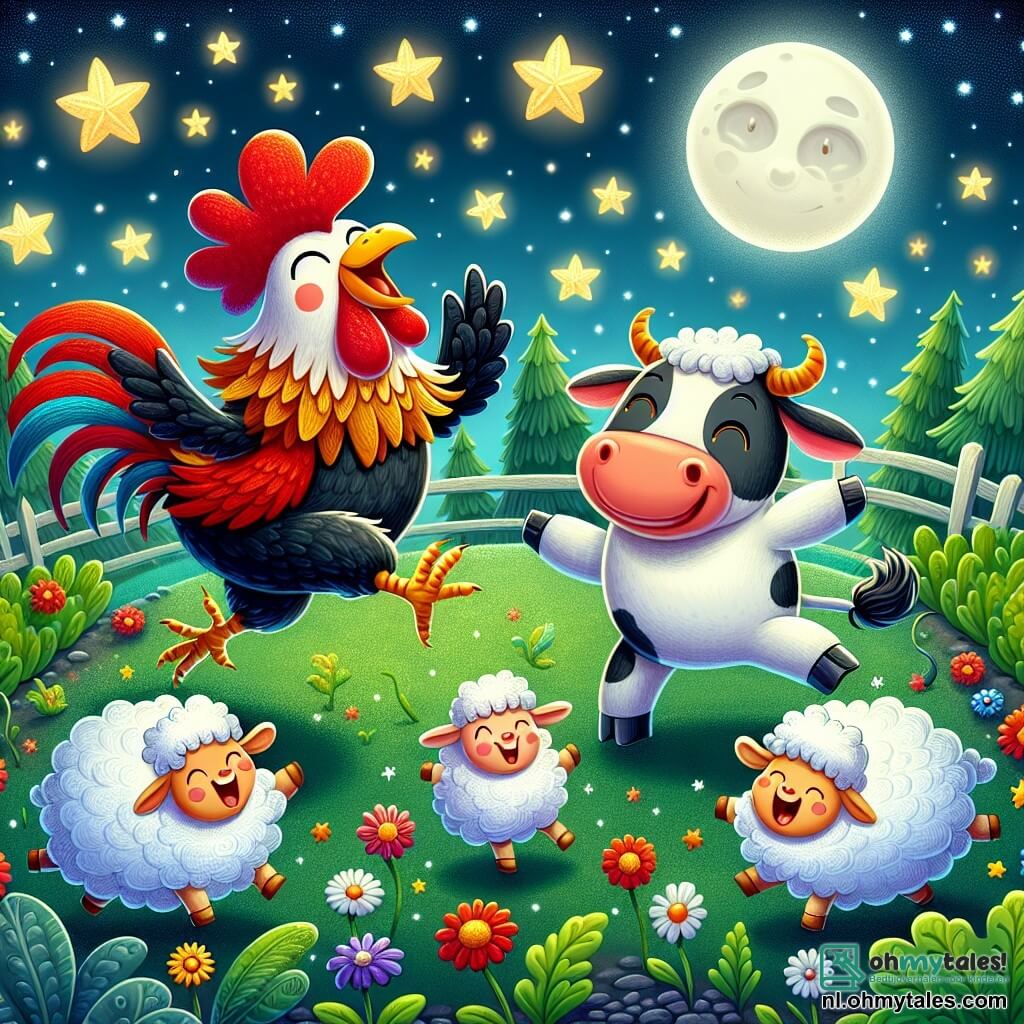 Een blije haan genaamd Kiki, met glanzende veren in felle kleuren van rood en goud, danst vrolijk midden in een mooie sterrennacht, zijn gezicht straalt van geluk. Naast hem lacht een koe genaamd Bella, met zwart-wit vacht, terwijl ze probeert te dansen, haar grote, hangende oren bewegen op de muziek. Fluffy en Wolly, twee donzige schapen, springen vrolijk om hen heen, hun stralend witte vachten contrasteren met de groene grond. De scène speelt zich af in een boerderijtuin, verlicht door fonkelende sterren en een heldere maan, met kleurrijke bloemen en groenten die eromheen groeien. Kiki en zijn vrienden hebben plezier met springen en dansen samen, wat een feestelijke en vriendschappelijke sfeer creëert onder de sterrenhemel.