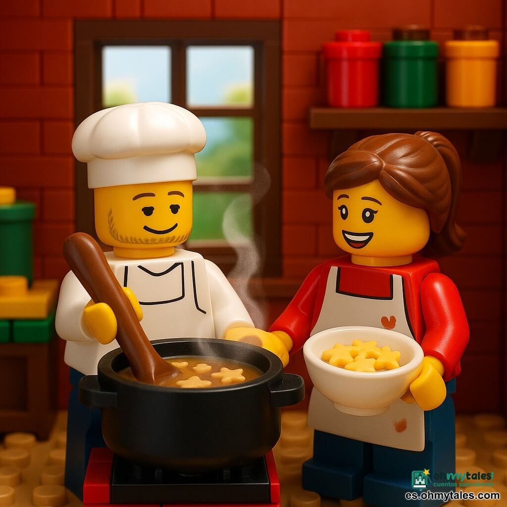 Un hombre chef, Mateo, con una sonrisa tranquila, lleva un delantal blanco y sostiene una gran cuchara de madera. Sus ojos están concentrados y amables mientras revuelve una gran olla de sopa humeante. A su lado, una joven, Ana, de unos 25 años, con un rostro alegre y el cabello recogido, sostiene un tazón de fideos estrellados y mira a Mateo con admiración. Ella lleva un delantal con una pequeña mancha de tomate. El escenario es una cocina acogedora con paredes de ladrillo rojo, una gran ventana que deja entrar la luz del día y estantes llenos de tarros de especias coloridas. La situación principal muestra a Mateo y Ana trabajando juntos en la cocina, creando una sopa reconfortante, con vapor suave elevándose de la olla y fideos estrellados flotando en la superficie.