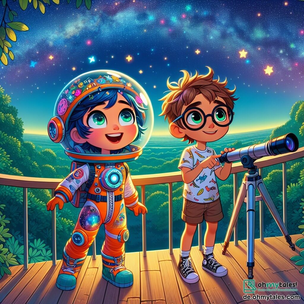Eine junge Astronautin, Lena, steht auf einer Aussichtsplattform, ihre Augen leuchten vor Aufregung, mit einem futuristischen Helm auf dem Kopf und einem bunten Raumanzug, der mit Sternen und Planeten verziert ist. Sie zeigt auf den sternenklaren Himmel, wo funkelnde Sterne und wirbelnde Galaxien die Nacht erhellen. Neben ihr steht ihr bester Freund Max, ein 10-jähriger Junge mit zerzausten braunen Haaren und runden Brillen, der bewundernd schaut und ein kleines Plastikteleskop hält. Er trägt ein T-Shirt mit einem Raketenmotiv und wirkt von der Schönheit des Himmels begeistert. Der Ort ist eine Aussichtsplattform auf einem grünen Hügel, umgeben von Bäumen mit glänzenden Blättern, mit einem klaren Blick auf einen sternenreichen Nachthimmel. Der Mond leuchtet intensiv und verleiht der Szene einen magischen Touch. Die Hauptsituation zeigt, wie Lena und Max einen Traummoment teilen, in dem Lena Max ihren Wunsch erklärt, Astronautin zu werden, während sie gemeinsam die Wunder des Universums bewundern, was Freundschaft und Inspiration symbolisiert.