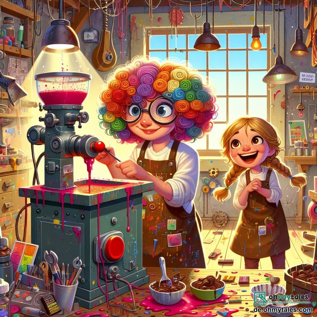 Lila, eine junge Frau mit lockigem, regenbogenfarbigem Haar, steht in ihrem chaotischen Atelier, ihre Augen leuchten vor Aufregung. Sie trägt eine große runde Brille und einen mit Farbflecken bedeckten Kittel, während sie einen riesigen roten Knopf hält, bereit, ihre Wunschmaschine zu aktivieren. Neben ihr beobachtet Mia, ihre beste Freundin, ein 10-jähriges Mädchen mit braunem Haar und Zöpfen, mit einem bewundernden Lächeln und verschränkten Armen, gespannt darauf, was passieren wird. Das Atelier ist voller Werkzeuge, Einzelteile und seltsamer Maschinen, mit leuchtenden Farbtupfern an den Wänden und Regalen, die überquellen von verrückten Erfindungen. Im Hintergrund lässt ein Fenster Sonnenlicht herein, das das kreative Durcheinander beleuchtet. Die Hauptsituation zeigt Lila, die den Knopf ihrer Maschine drückt, während ein Schokoladenstrom aus dem Gerät sprudelt und den Boden mit süßen Leckereien überflutet, was eine sowohl fröhliche als auch chaotische Szene schafft.