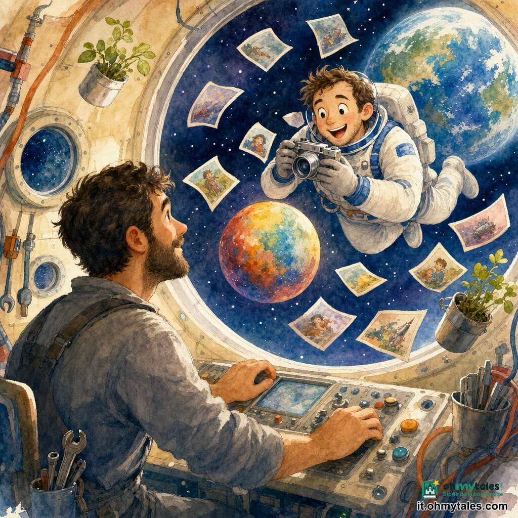 Un astronauta sorridente e stupito, capelli castani corti, volto rotondo, occhi grandi e luminosi, in tuta bianca con dettagli blu, fluttua mentre fotografa un pianeta colorato; un meccanico adulto di nome Carlo (circa 35 anni) è visibile attraverso una piccola finestra della navetta, con barba corta e salopette grigia, mani su un pannello di controllo, che osserva l’astronauta; interno caldo e luminoso di una casa spaziale con pareti curve, oblò che mostrano stelle e una Terra blu-verde, cavi e attrezzi appesi e piccole piante in vaso flottanti; scena principale: astronauta in levitazione con una vecchia macchina fotografica argentata, foto che fluttuano come petali, luce soffusa, colori pastello, atmosfera dolce e rassicurante.