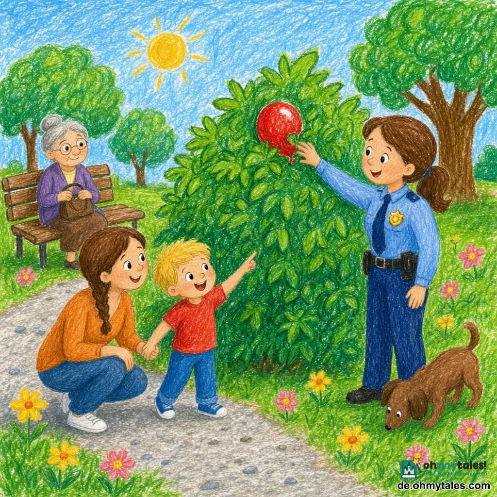 Eine lächelnde, freundliche Polizistin mit braunem Pferdeschwanz, hellblauer Uniform und kleinem glänzenden Abzeichen reicht die Hand, um einen halb im Busch sichtbaren roten Ball zu holen; ein etwa 5‑jähriger blonder Junge mit fröhlichem Blick hält die Hand seiner Mutter und zeigt auf den Busch; die Mutter, ca. 30, kastanienbraune Zöpfe, hockt links neben dem Busch und lächelt die Polizistin an; eine etwa 75‑jährige Großmutter mit grauem Dutt sitzt auf einer Holzbank im Hintergrund, Hände auf der Handtasche, beobachtet die Szene sanft; ein kleiner brauner Hund ohne Leine schnüffelt neben der Polizistin; Ort: sonniger Park mit grünem Gras, bunten Blumen, Kiesweg, einigen Bäumen und einer dichten grünen Hecke im Zentrum; warme Szene, leuchtende Farben, einfache Formen, dicker Strich, naiver Stil, klare fröhliche Gesichtsausdrücke.