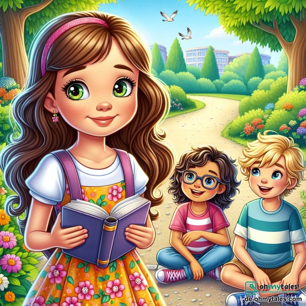 Ein 10-jähriges Mädchen, Mia, mit langen braunen Haaren und funkelnden Augen steht in der Mitte des Bildes, nervös und entschlossen. Sie trägt ein buntes Kleid mit Blumenmustern und hält ein aufgeschlagenes Buch in den Händen, als ob sie bereit wäre, eine Geschichte zu erzählen. Rechts von ihr sitzt Ben, ein 10-jähriger Junge mit zerzausten blonden Haaren und einem freundlichen Lächeln, der aufmerksam zuhört. Er trägt ein blaues T-Shirt und Shorts und sein Blick ist ermutigend. Links steht Lisa, ein 9-jähriges Mädchen mit lockigem Haar und Brille, die lächelt und ungeduldig darauf wartet, was Mia sagen wird. Sie trägt einen rosa Rock und ein gestreiftes T-Shirt. Die Szene spielt in einem sonnigen Park mit grünen Bäumen und bunten Blumen. Ein Kiesweg schlängelt sich durch den Park und Vögel singen in den Zweigen. Mia ist bereit, ihren Freunden zu gestehen, dass sie über ihre Abenteuer gelogen hat, und die Atmosphäre ist voller Aufregung und Erwartung, während sie sich darauf vorbereitet, ehrlich zu sein.