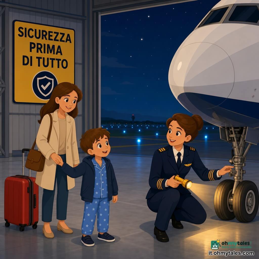 Una donna pilota sorridente e rassicurante, capelli castani raccolti in chignon, giacca da pilota blu scuro con stemma dorato, accovacciata vicino al carrello anteriore del suo aereo lucido, tiene una piccola torcia gialla; un bambino di 7 anni, capelli castano chiaro corti, in pigiama blu sotto una giacca, guarda la pilota con occhi meravigliati tenendo la mano della madre, leggermente a sinistra e dietro; la madre, circa 30 anni, capelli sciolti, cappotto crema, sorride e sta dietro al bambino vicino a una valigia rossa; hangar aeroportuale notturno con pavimento in cemento grigio liscio, porte aperte che mostrano una striscia di cielo scuro, luci di pista blu allineate, cartello grande SICUREZZA PRIMA DI TUTTO sul muro; la pilota prepara l'aereo per la partenza ispezionando la ruota, valigia rossa accanto, atmosfera calma con contrasti tra luce calda della torcia e fredda delle luci di pista.