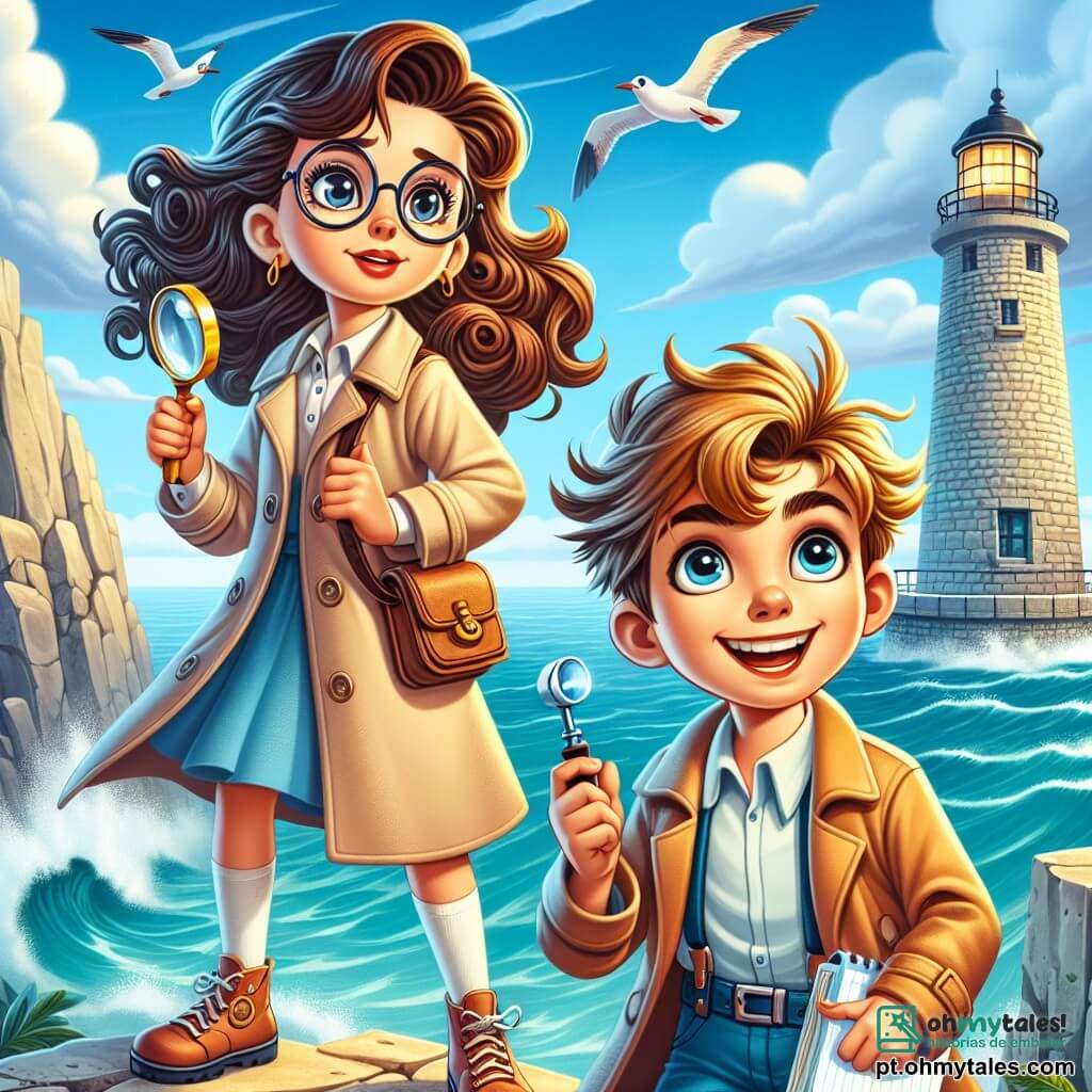 Uma jovem detetive, Marina, está em pé em um penhasco com vista para o mar, com cabelos castanhos cacheados e óculos redondos que lhe dão um ar inteligente e curioso. Ela usa um trench coat bege e segura uma lupa na mão direita, com uma expressão determinada e animada. Ao seu lado, um garoto de 12 anos, Lucas, seu amigo e assistente, tem cabelos loiros bagunçados e um sorriso travesso. Ele segura um caderno de anotações e observa o mar com olhos brilhantes de entusiasmo. O cenário é de um velho farol de pedra, desgastado pelo tempo, com ondas se quebrando nas rochas abaixo, criando um som relaxante. O céu é azul com algumas nuvens brancas, e gaivotas voam acima deles. Marina e Lucas olham para o horizonte, buscando pistas sobre o misterioso roubo do 'Relógio Desaparecido', enquanto as ondas cantam suavemente, como se tivessem segredos a revelar.