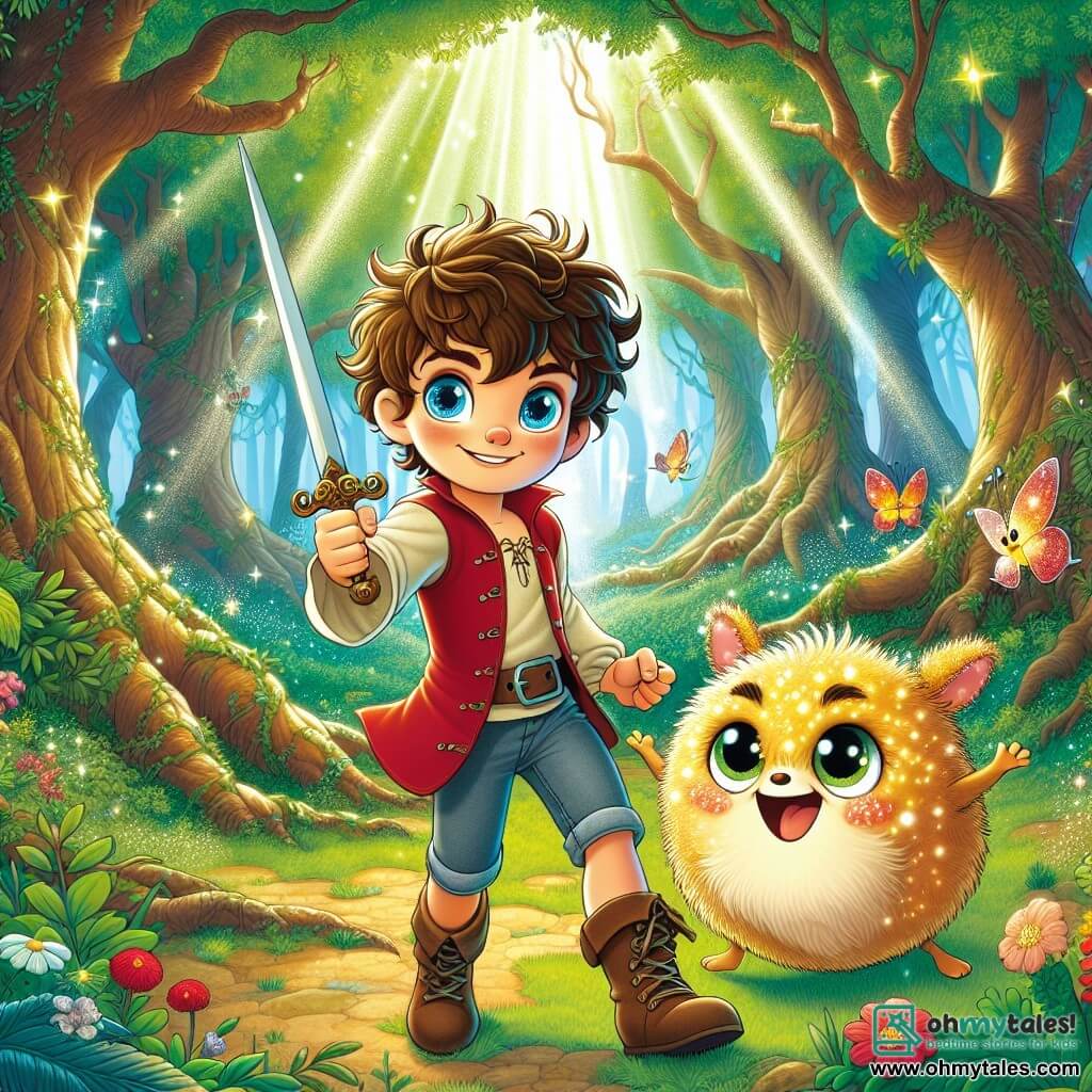 A 5-year-old boy named Oliver stands at the center of the scene, with sparkling blue eyes and messy curly hair. He wears a red tunic and denim shorts, brandishing a small wooden sword, showing a determined and brave expression. Next to him is a Fuzzle, a magical creature with fur that shines like stars, round mischievous eyes, joyfully jumping in support of Oliver. The scene takes place in the Ancient Trees Clearing, a magical forest with tall majestic trees and shimmering leaves, where soft rays of light filter through the branches, creating a play of shadows and light. Colorful flowers and butterflies dance around them, adding a touch of magic to the environment. In this main situation, Oliver and the Fuzzle face a menacing shadow approaching to steal the forest's magic. With his wooden sword raised, Oliver shows bravery while the Fuzzle encourages him with a confident look, ready to confront the darkness together.