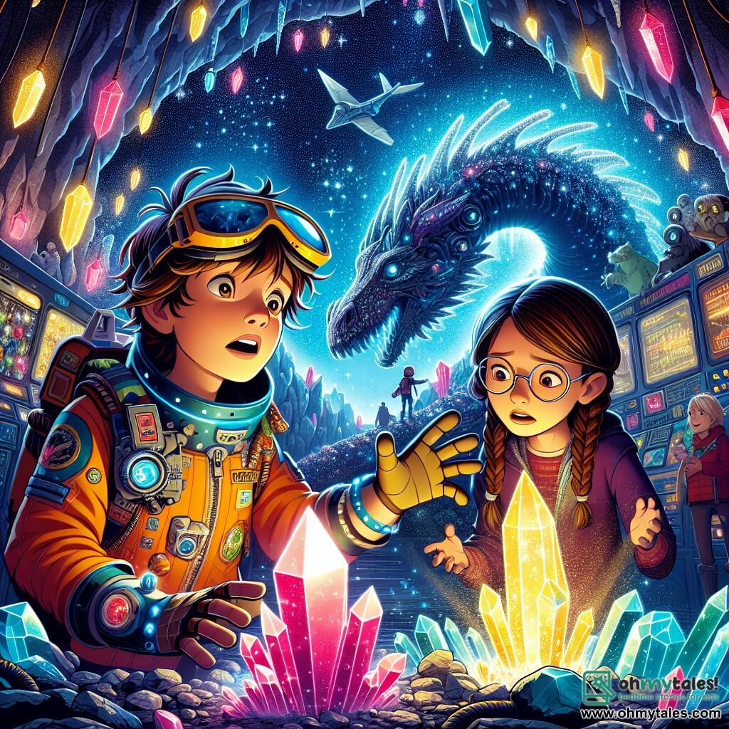 A 10-year-old boy, Leo, with messy hair and large protective glasses, shows a look of wonder and determination. He wears a colorful space suit filled with gadgets and stands in front of a huge shimmering crystal that pulses with magical light. Next to him is his best friend Mira, a 9-year-old girl with braided brown hair and round glasses, who observes the crystal with fascination, holding a glowing gadget in her hands. Their environment is a mysterious cave inside an asteroid, where the walls are lined with sparkling crystals in vibrant colors, illuminating the darkness with a magical glow. The main scene shows Leo and Mira, awestruck and brave, ready to face a massive stardust dragon guarding the crystal, creating a magical and thrilling atmosphere.
