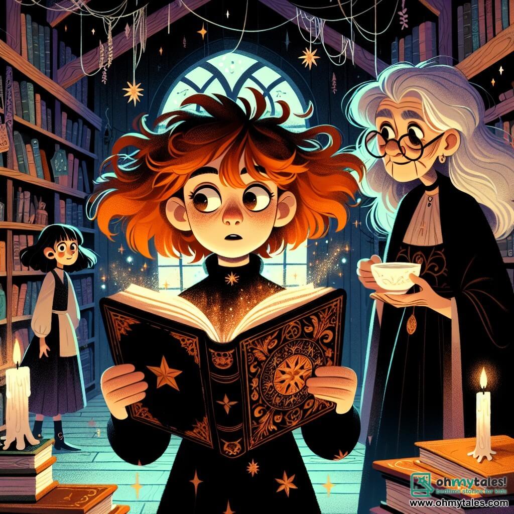 Eira, a twelve-year-old witch, stands in the center of an old bookstore, her messy auburn hair floating around her like flames. Her eyes shine with excitement as she discovers an ancient book with shimmering pages. She wears a black dress adorned with star patterns and holds the open grimoire in front of her, a magical glow emanating from its pages. Next to her, her grandmother, an elderly witch with silver hair and round glasses, watches with a kind smile. Dressed in a long, flowing robe, she holds a steaming cup of tea, looking at Eira with pride and curiosity. The bookstore, 'Moonbeam Tomes', is filled with colorful book covers, flickering candles, and old wooden furniture, creating a mysterious and warm atmosphere. Wooden shelves stretch to the ceiling, and cobwebs sparkle in the corners. The main scene shows Eira discovering the magical grimoire, her eyes wide with surprise as golden runes begin to glow on the pages, illuminating her face. The air is charged with palpable magical energy, and the adventure is just beginning.