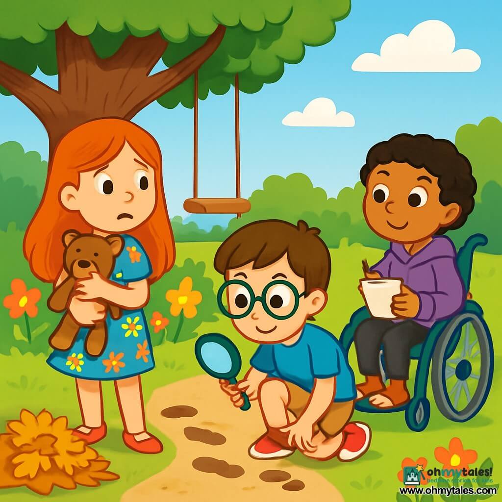 There are 3 characters: - Lily: a 7-year-old girl with long red hair, wearing a colorful floral dress and pink ballet flats. She is holding her teddy bear, Mr. Teddy, while smiling. - Ben: an 8-year-old boy with brown hair and round glasses. He is wearing a blue t-shirt and beige shorts. He is crouching, examining footprints in the dirt with a magnifying glass. - Mia: a 7-year-old girl with short curly hair, sitting in her wheelchair. She is wearing a purple hoodie and black leggings. She is attentively watching the others, holding a small notebook. The setting is a sunny garden filled with colorful flowers and a large majestic oak tree. There is a wooden swing and a pile of golden autumn leaves nearby. The sky is blue with a few fluffy white clouds. The main situation shows the three friends in the middle of an investigation, searching for clues to find Mr. Teddy. Ben is examining the footprints in the dirt, while Lily looks around with a worried expression, and Mia is taking notes with a smile, ready to solve the mystery together.