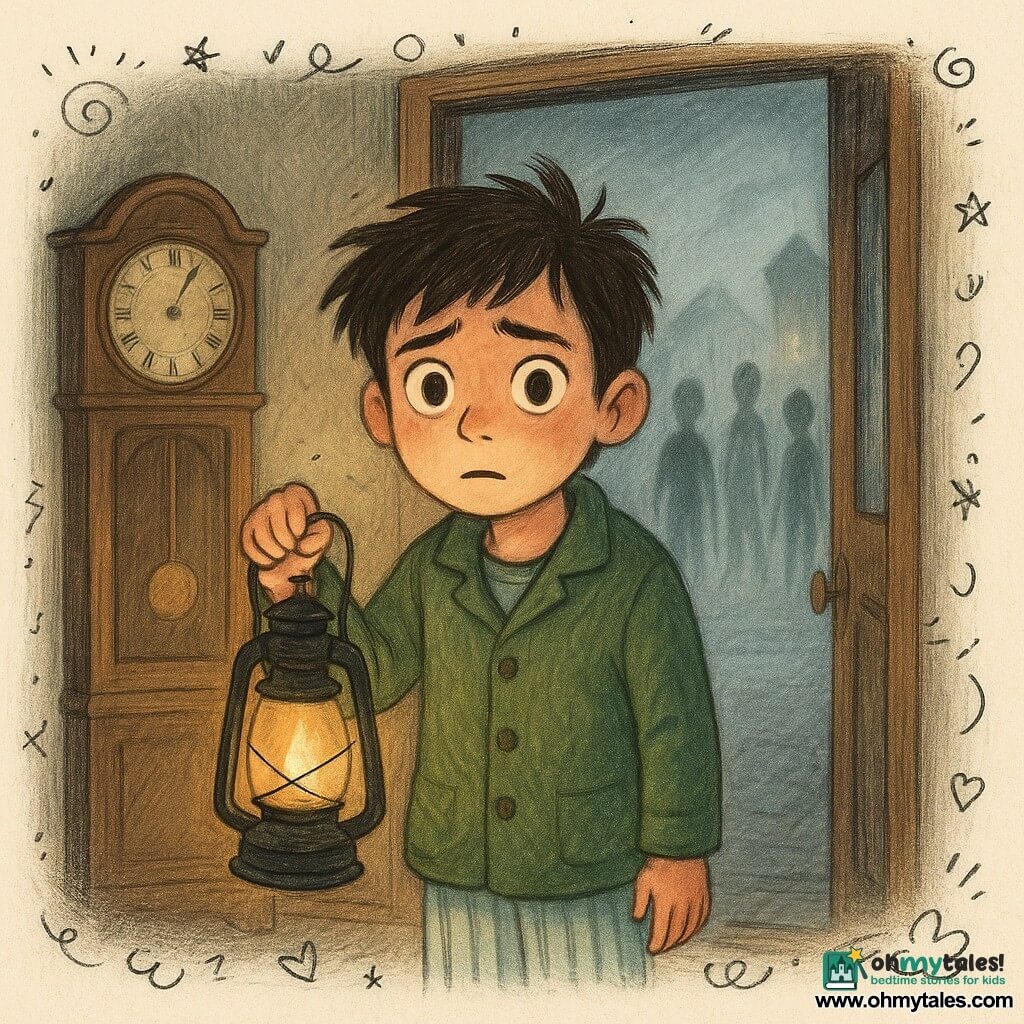 A 12-year-old boy, anxious but determined, stands in the hallway threshold holding a small dark metal lantern that lights his pale face; messy brown hair, large bright eyes, a green wool jacket over striped pajamas; no other people present, thin filament shadows glide beyond the glazed door like foggy silhouettes on the street; a varnished, slightly scratched stopped grandfather clock stands at the back left with its hands frozen; the front door is ajar with old speckled glass dew, and a thick fog winds between yellowed lampposts and pointed-roof houses; the lantern casts a warm, tilted flame toward the door, creating a strong contrast between the golden lamp glow and the blue-gray fog; mood unsettling but not gory, with aged wood, fogged glass, matte black metal textures and small doodles (notes, stars, light onomatopoeia) layered around the lantern and shadows for a youthful touch.